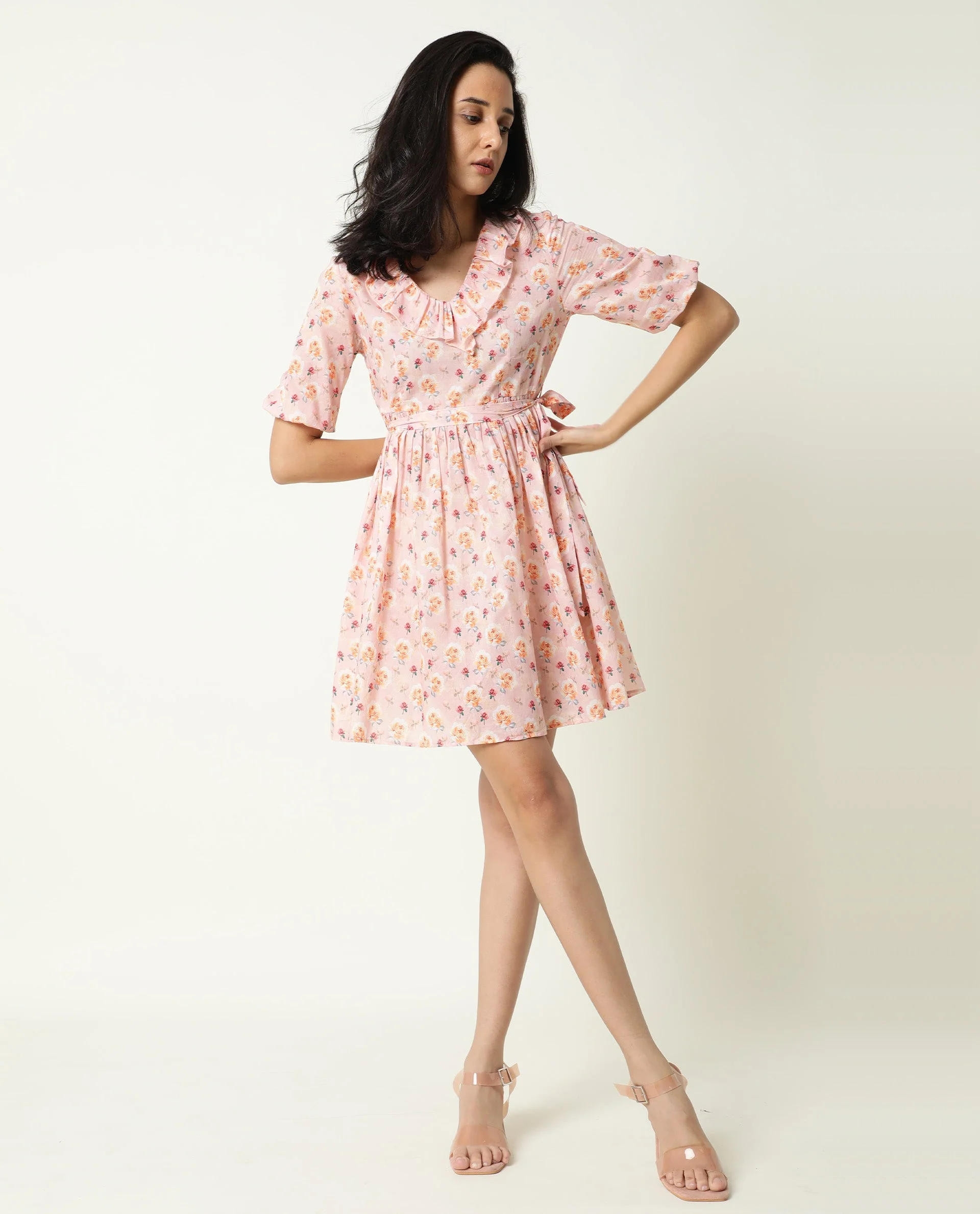 Rareism Women's Verna Pink Cotton V-Neck Floral Print Balloon Sleeve Knee Length Regular Fit Dress - Image 6
