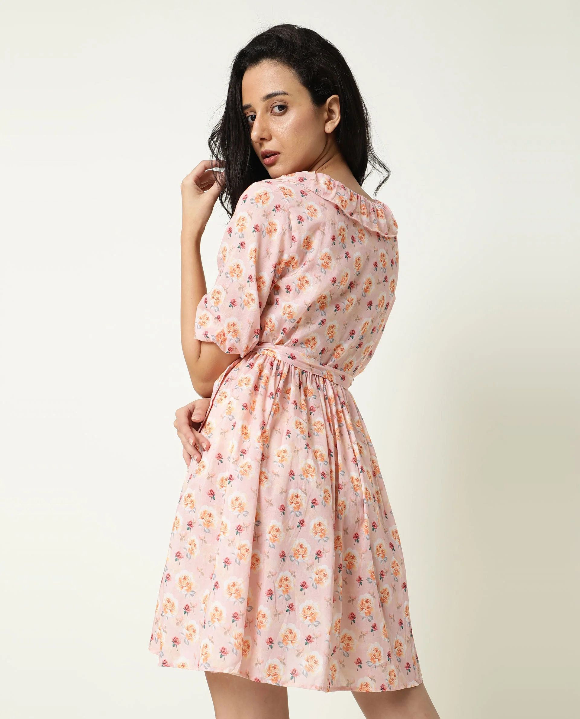 Rareism Women's Verna Pink Cotton V-Neck Floral Print Balloon Sleeve Knee Length Regular Fit Dress - Image 7