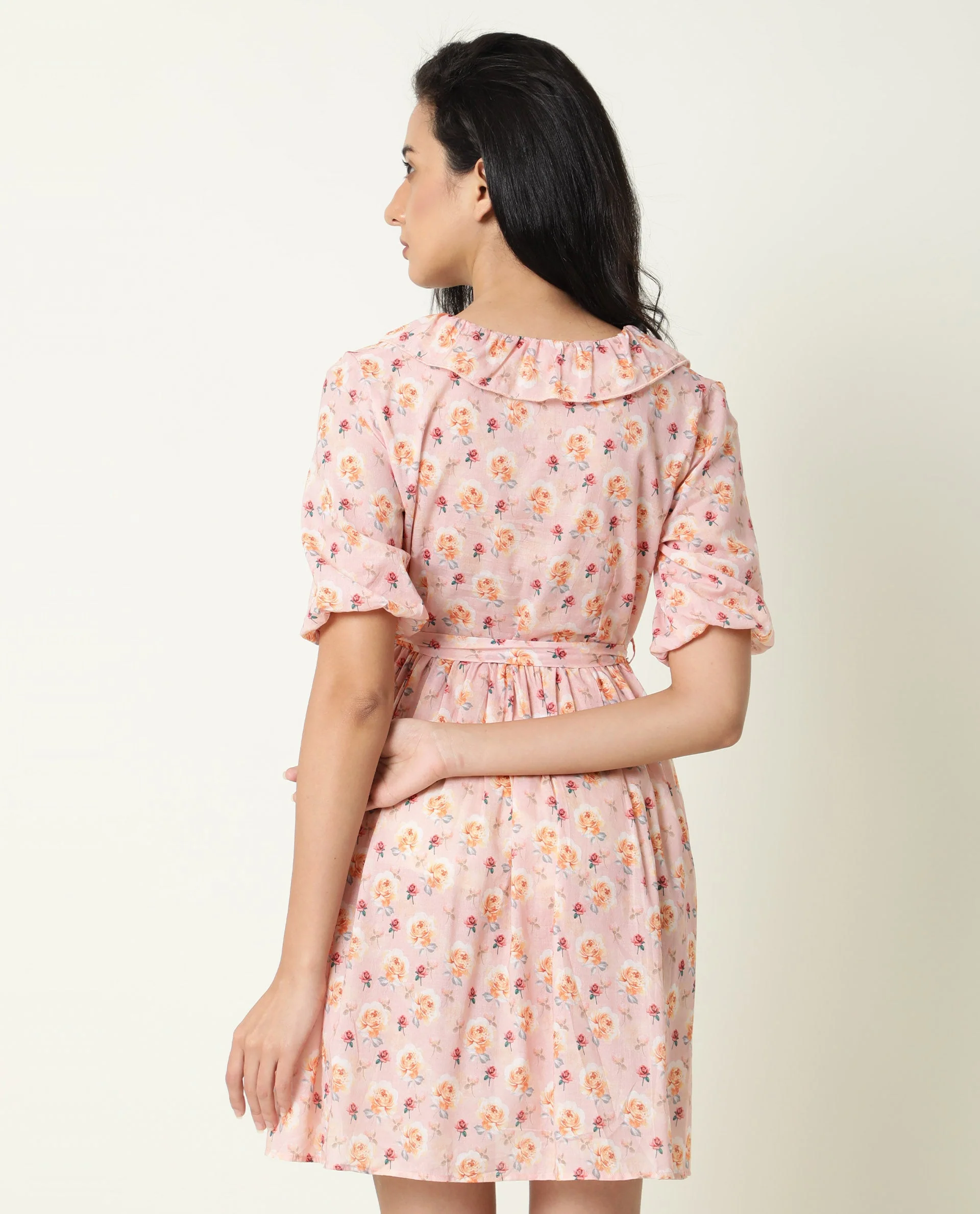 Rareism Women's Verna Pink Cotton V-Neck Floral Print Balloon Sleeve Knee Length Regular Fit Dress - Image 9