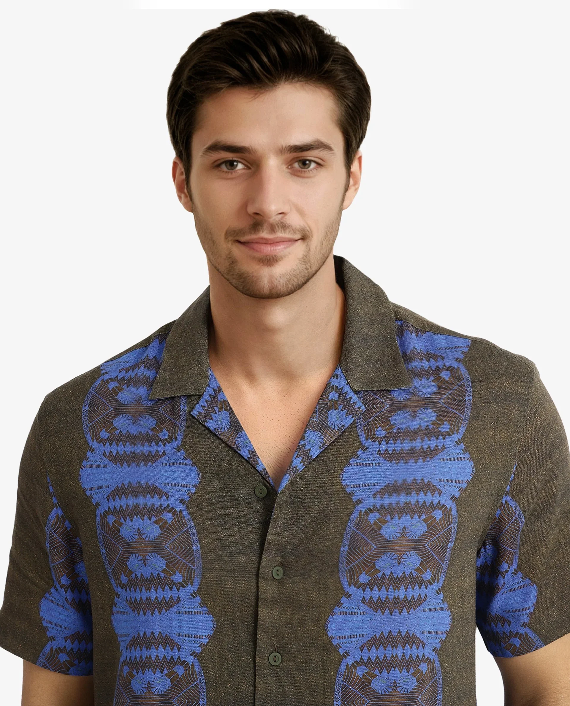 Rare Rabbit Men's Vero Olive Linen Blend Abstract Print Boxy Fit Half Sleeve Cuban Collar Shirt - Image 2