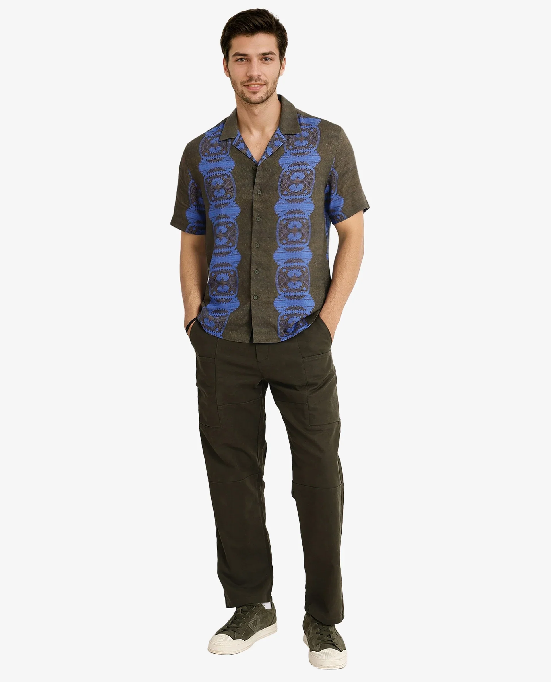 Rare Rabbit Men's Vero Olive Linen Blend Abstract Print Boxy Fit Half Sleeve Cuban Collar Shirt - Image 3