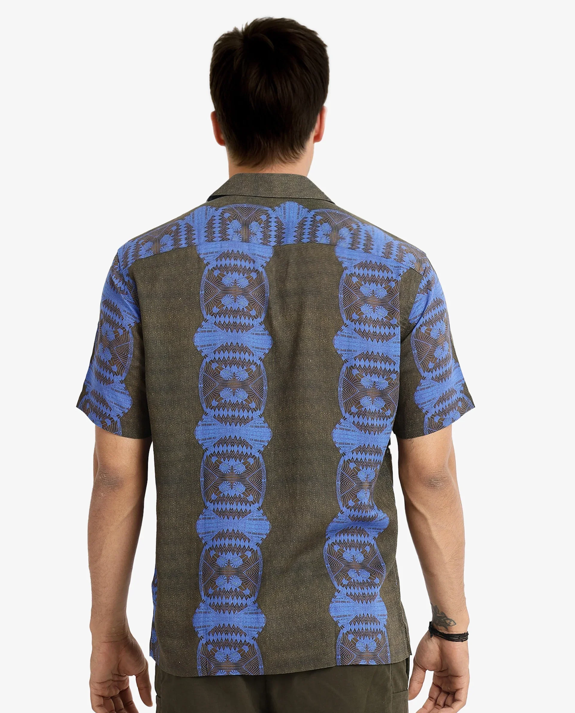 Rare Rabbit Men's Vero Olive Linen Blend Abstract Print Boxy Fit Half Sleeve Cuban Collar Shirt - Image 4