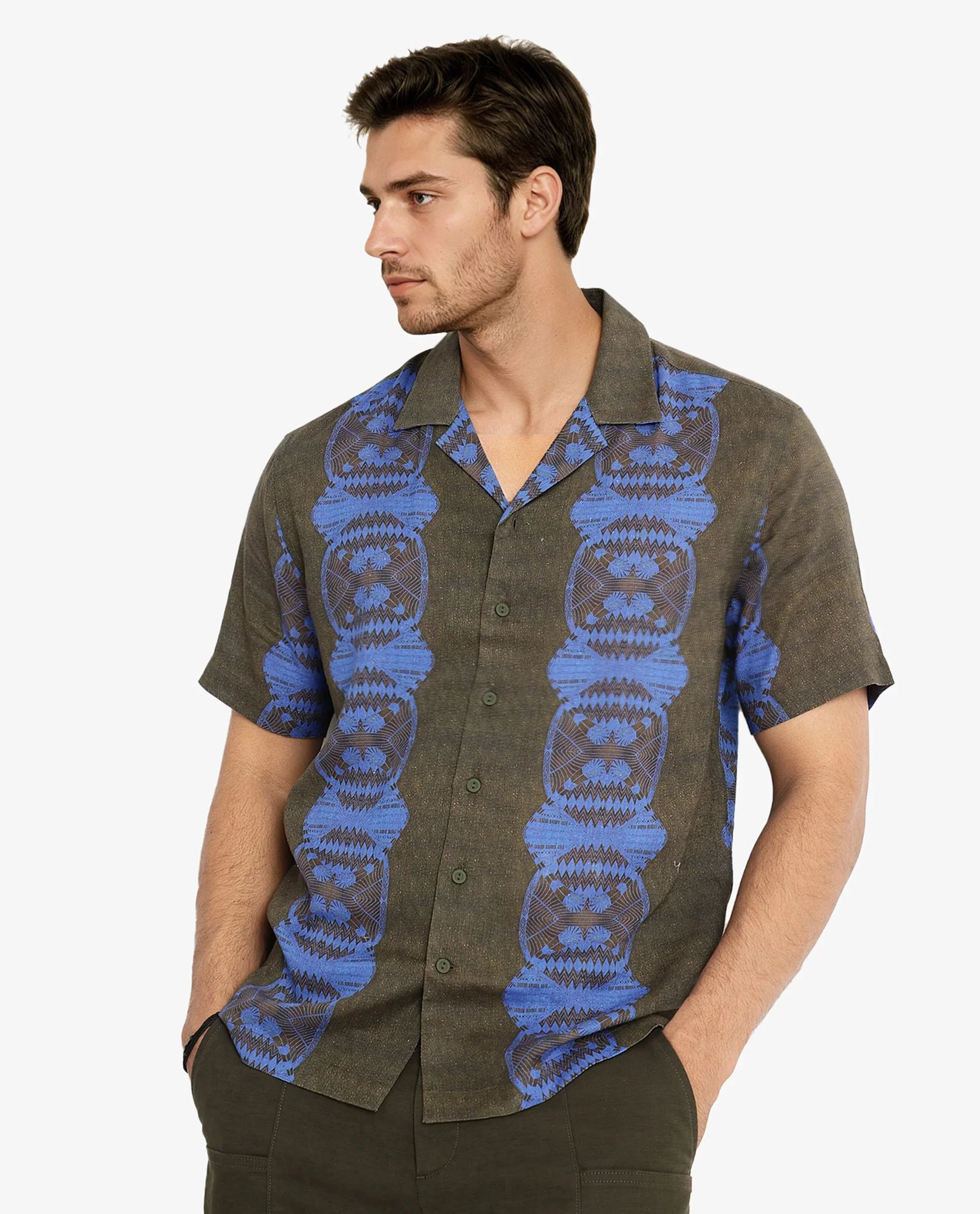 Rare Rabbit Men's Vero Olive Linen Blend Abstract Print Boxy Fit Half Sleeve Cuban Collar Shirt - Image 5