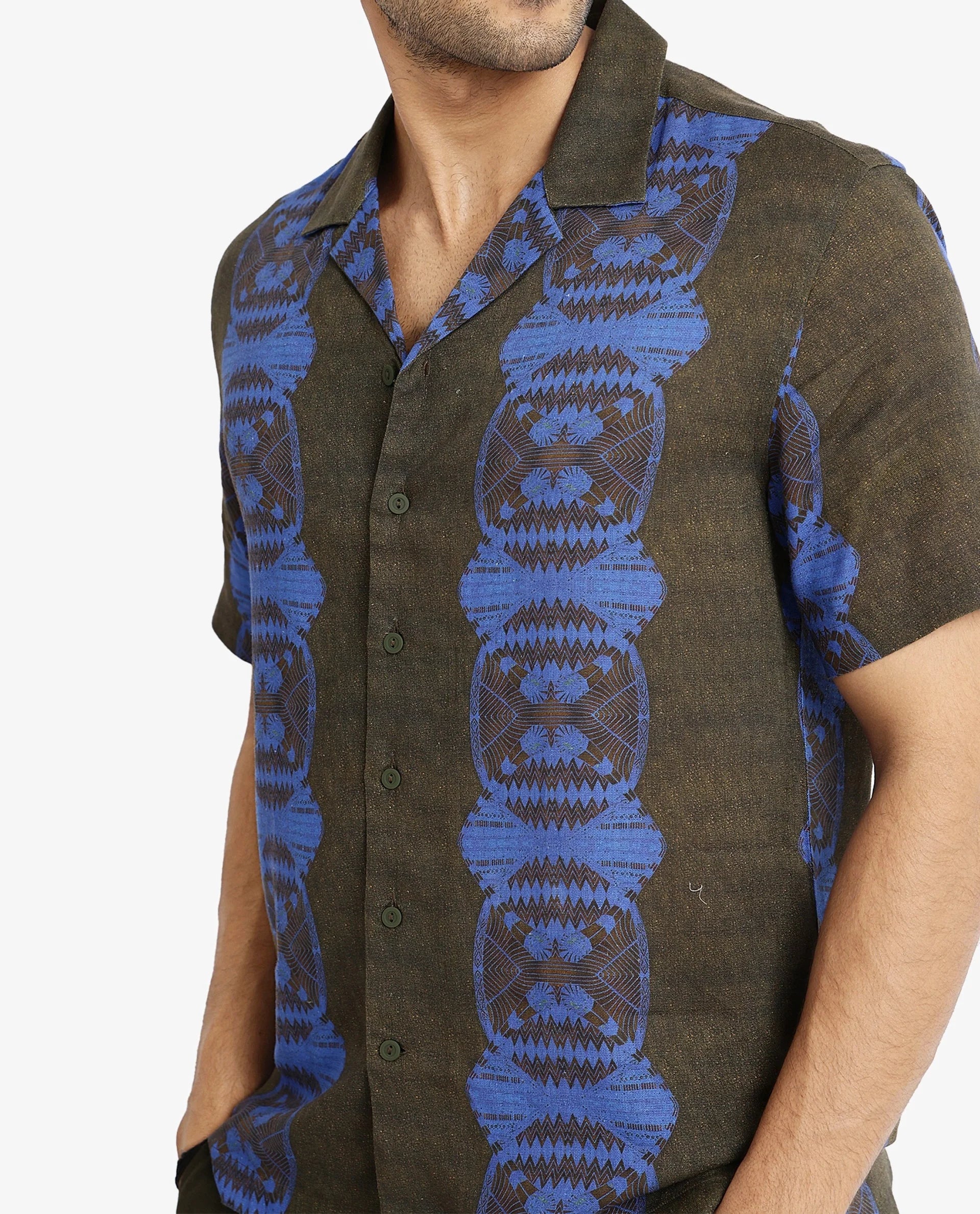 Rare Rabbit Men's Vero Olive Linen Blend Abstract Print Boxy Fit Half Sleeve Cuban Collar Shirt - Image 6