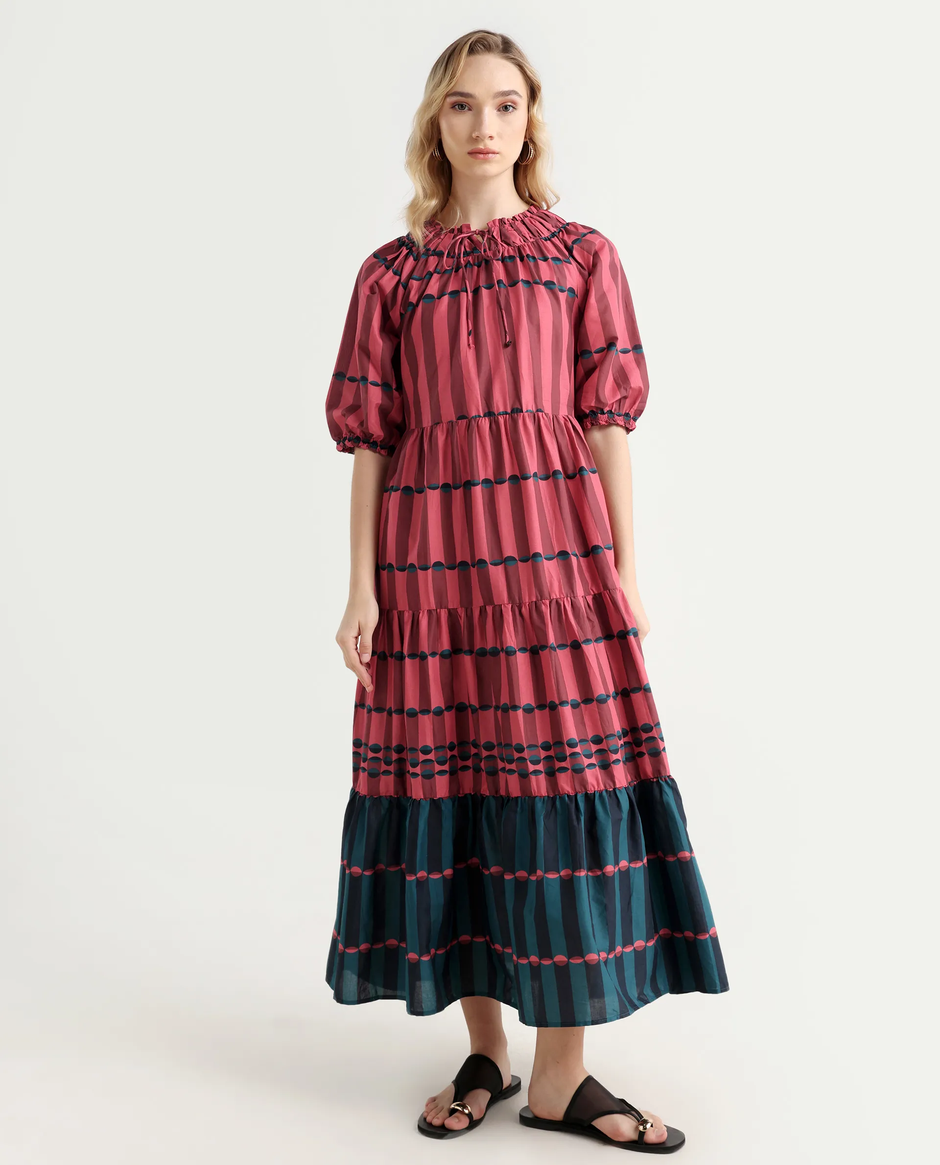 Rareism Women's Vero Maroon Cotton Tie-Up Neck Geometric Print Puff Sleeves Knee Length Regular Fit Dress - Image 2
