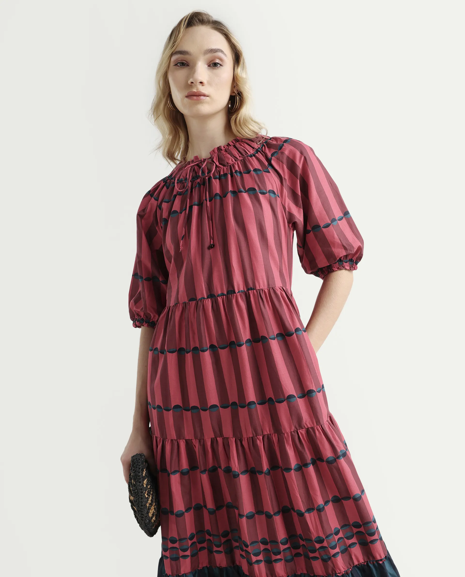 Rareism Women's Vero Maroon Cotton Tie-Up Neck Geometric Print Puff Sleeves Knee Length Regular Fit Dress - Image 3
