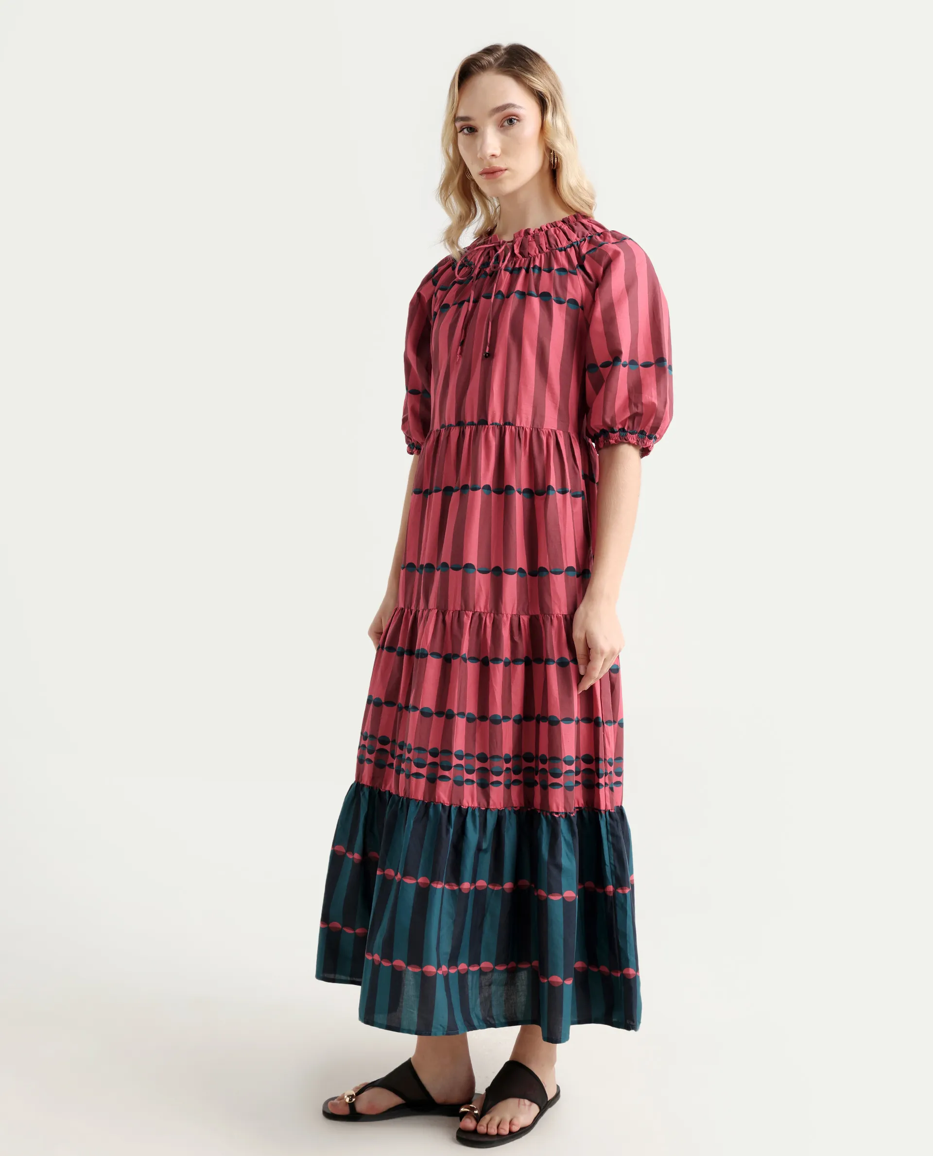 Rareism Women's Vero Maroon Cotton Tie-Up Neck Geometric Print Puff Sleeves Knee Length Regular Fit Dress - Image 5
