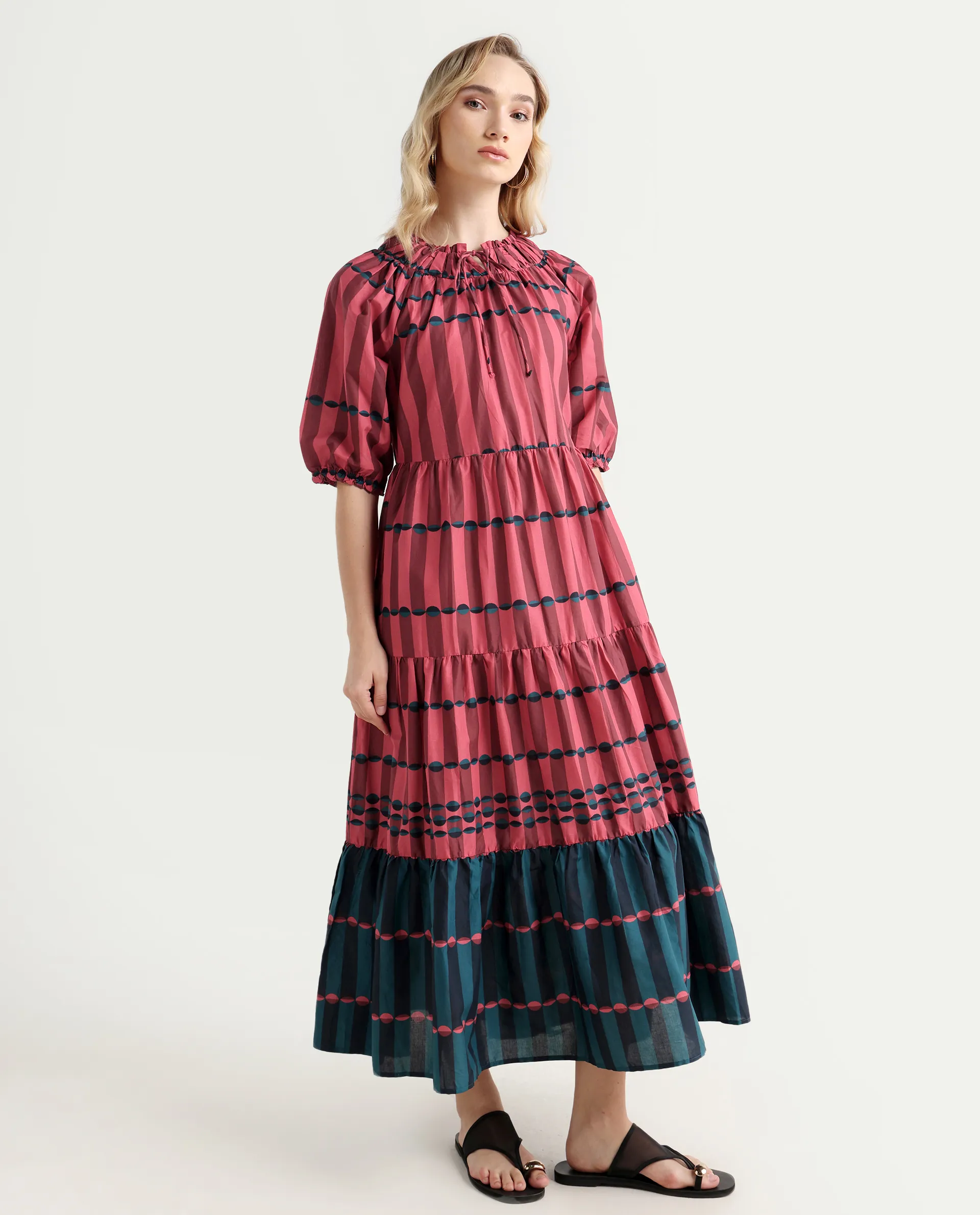Rareism Women's Vero Maroon Cotton Tie-Up Neck Geometric Print Puff Sleeves Knee Length Regular Fit Dress - Image 6