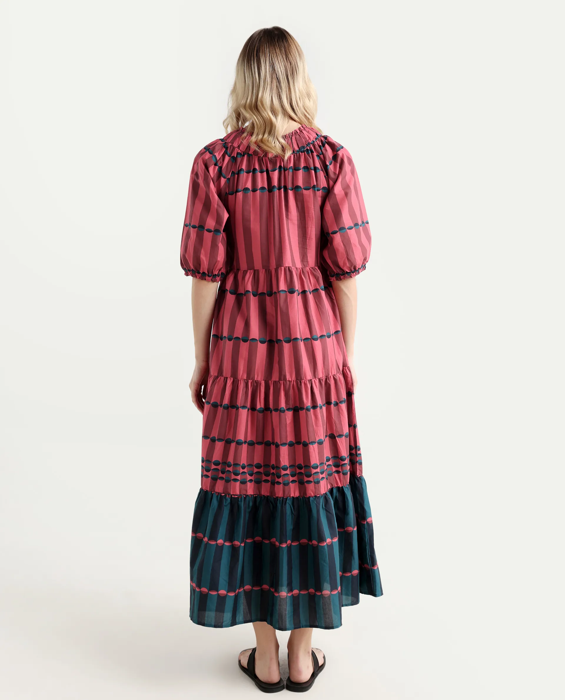 Rareism Women's Vero Maroon Cotton Tie-Up Neck Geometric Print Puff Sleeves Knee Length Regular Fit Dress - Image 7