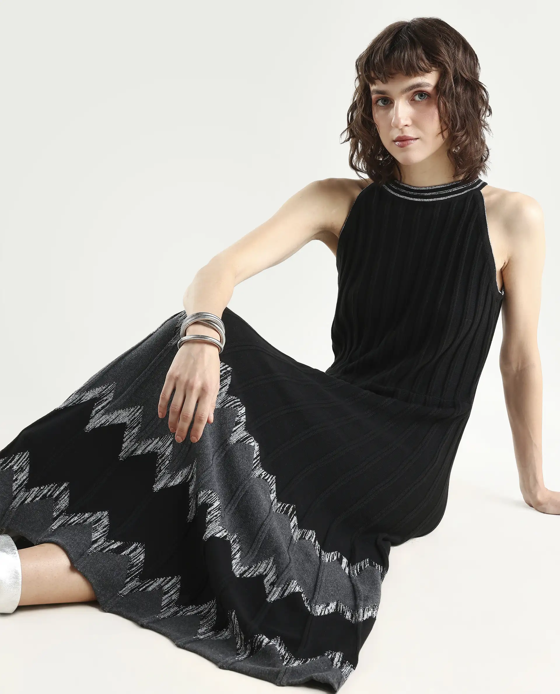Rareism Women's Veron Black Cotton Halter Neck Plain Sleeveless Midi A-Line Dress - Image 2