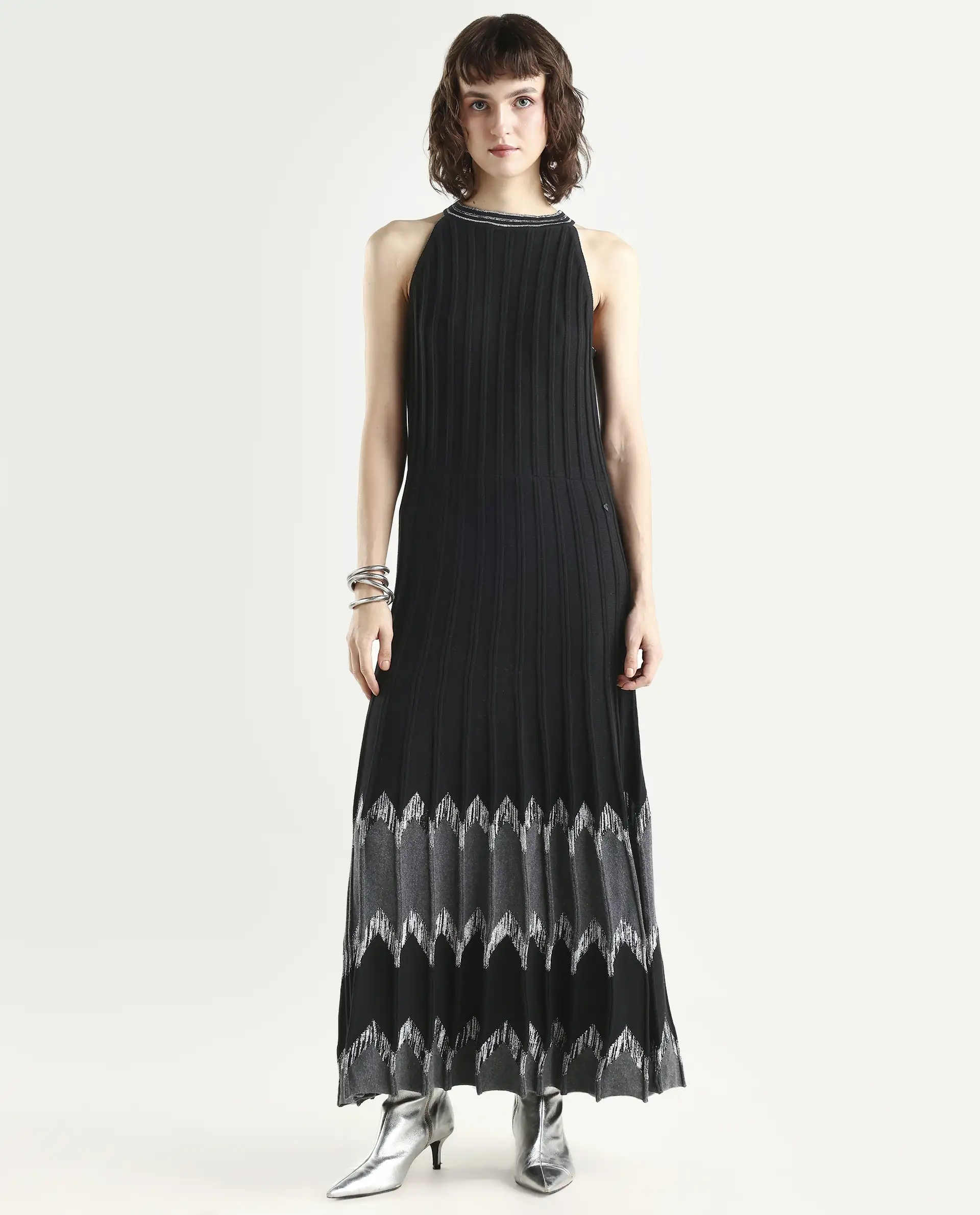 Rareism Women's Veron Black Cotton Halter Neck Plain Sleeveless Midi A-Line Dress - Image 3