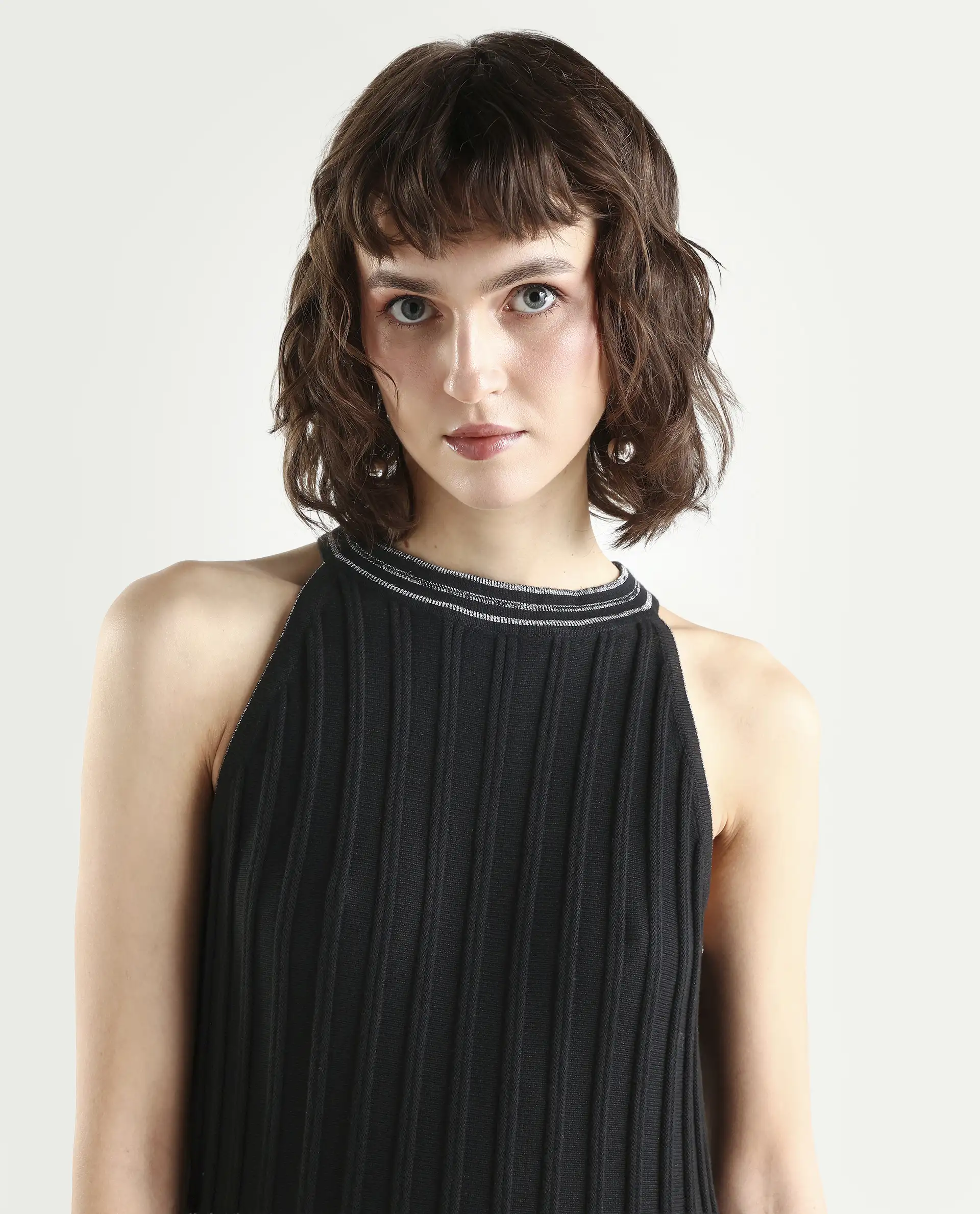Rareism Women's Veron Black Cotton Halter Neck Plain Sleeveless Midi A-Line Dress - Image 4