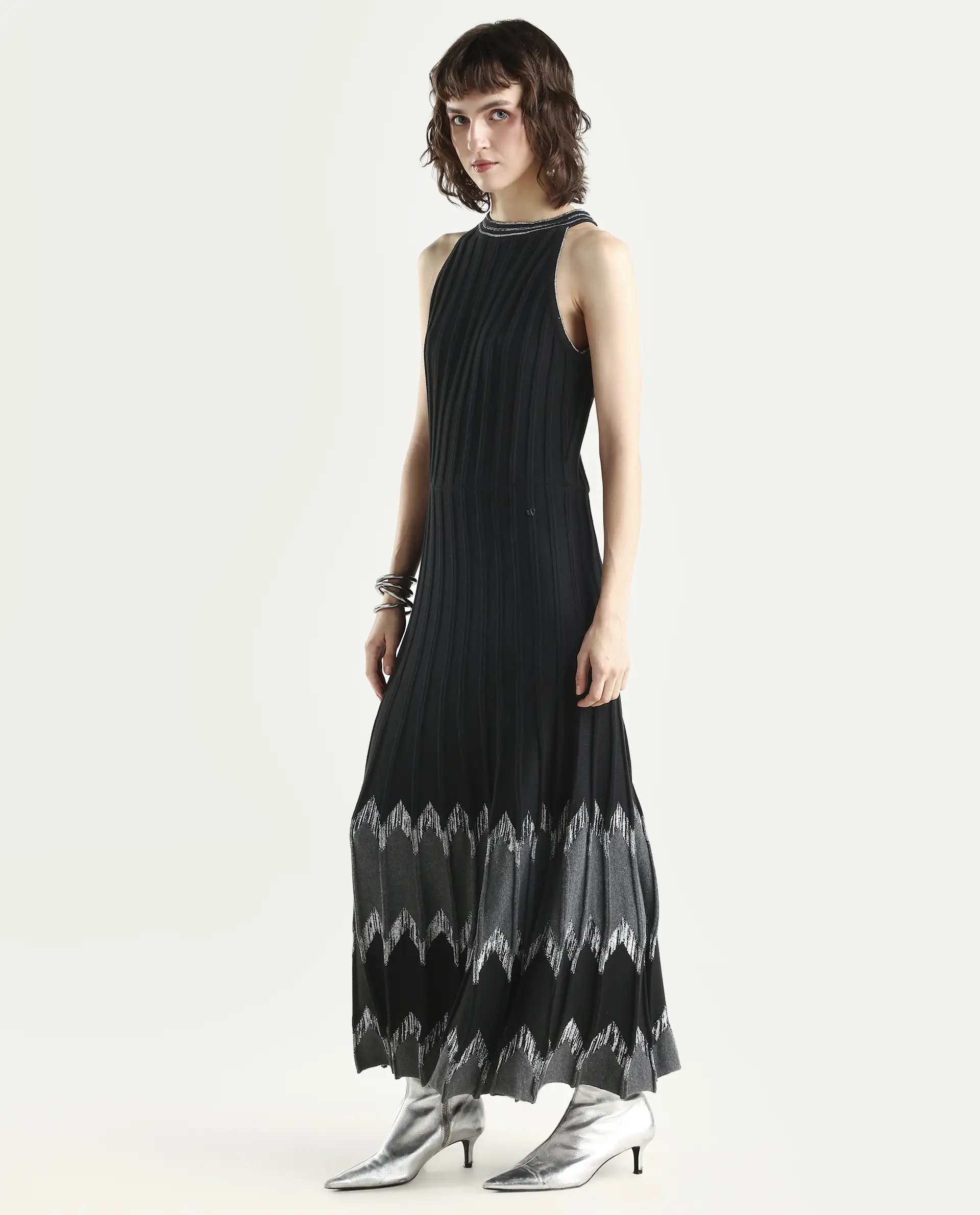 Rareism Women's Veron Black Cotton Halter Neck Plain Sleeveless Midi A-Line Dress - Image 5