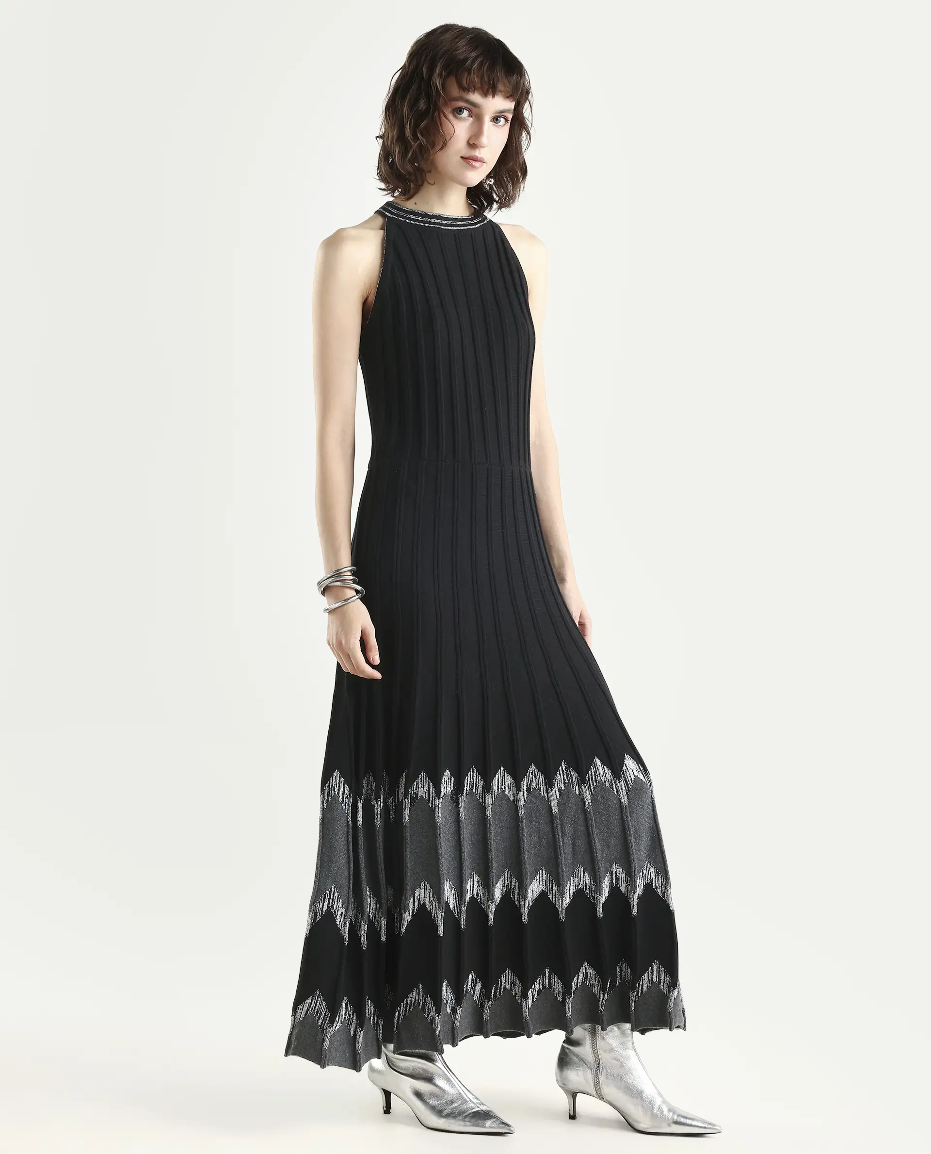 Rareism Women's Veron Black Cotton Halter Neck Plain Sleeveless Midi A-Line Dress - Image 6