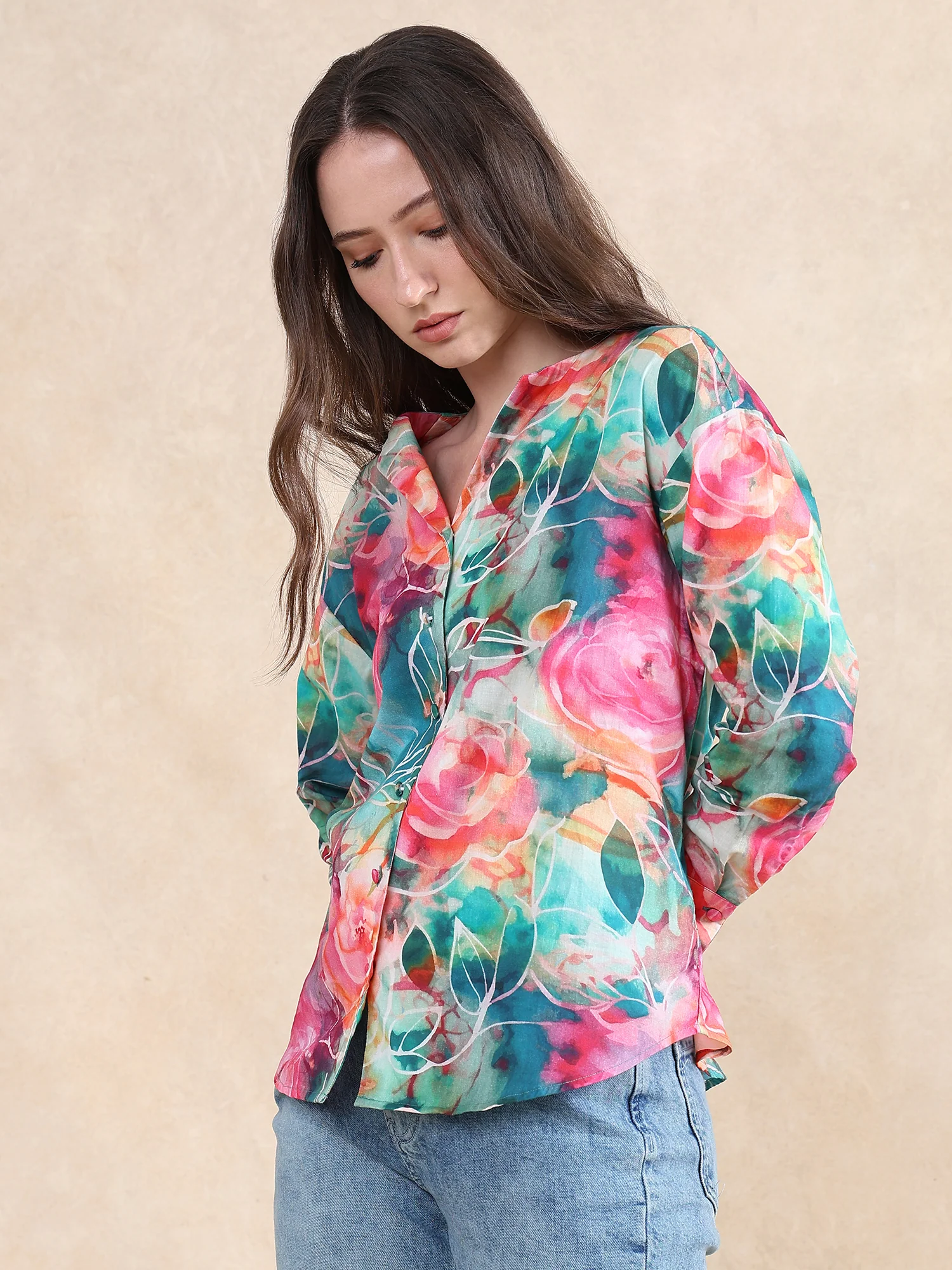 Rareism Women's Verona Multi Cotton Mandarin Collar Abstract Print Cuffed Sleeve Regular Fit Shirt - Image 3