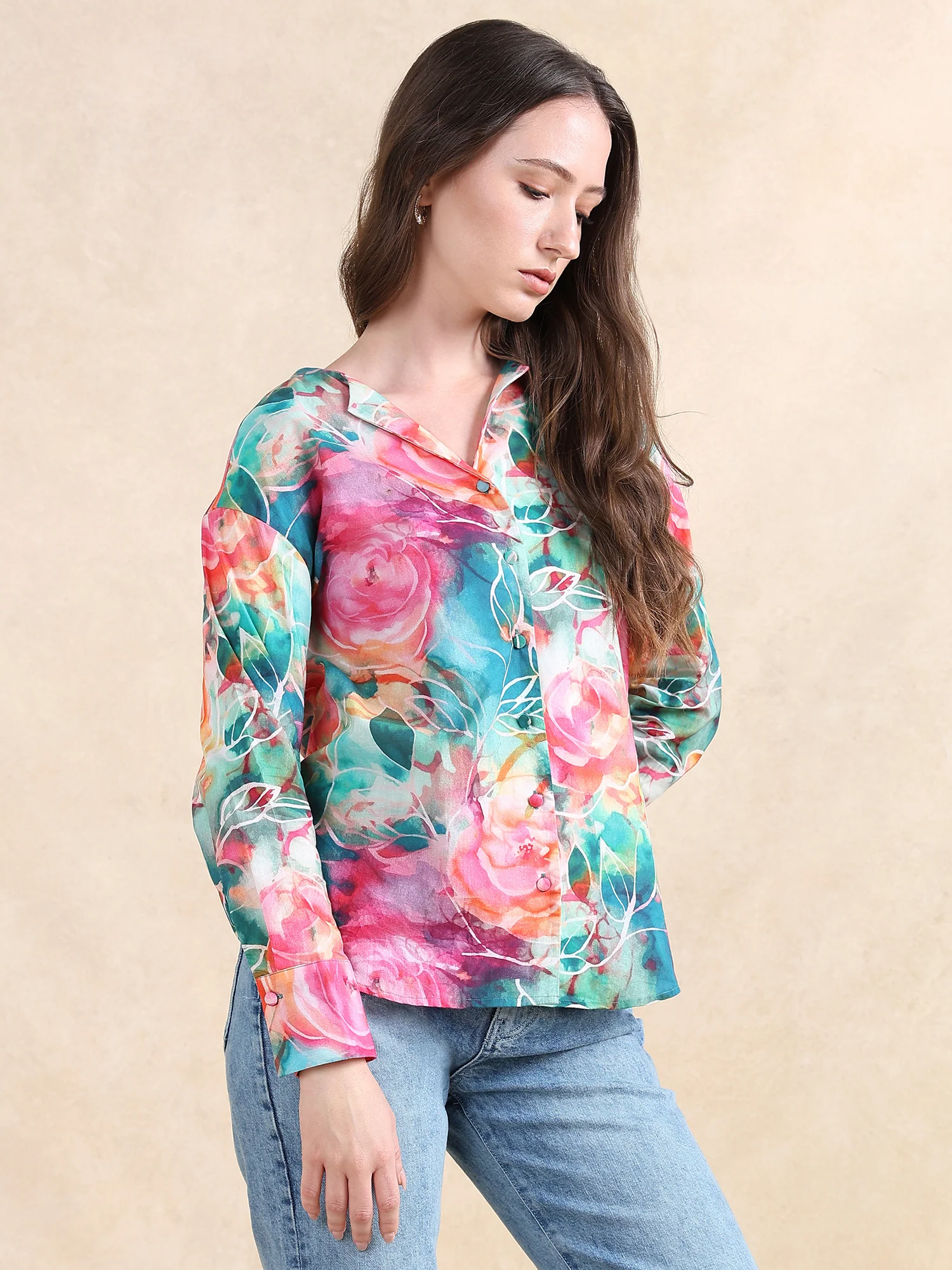 Rareism Women's Verona Multi Cotton Mandarin Collar Abstract Print Cuffed Sleeve Regular Fit Shirt - Image 4