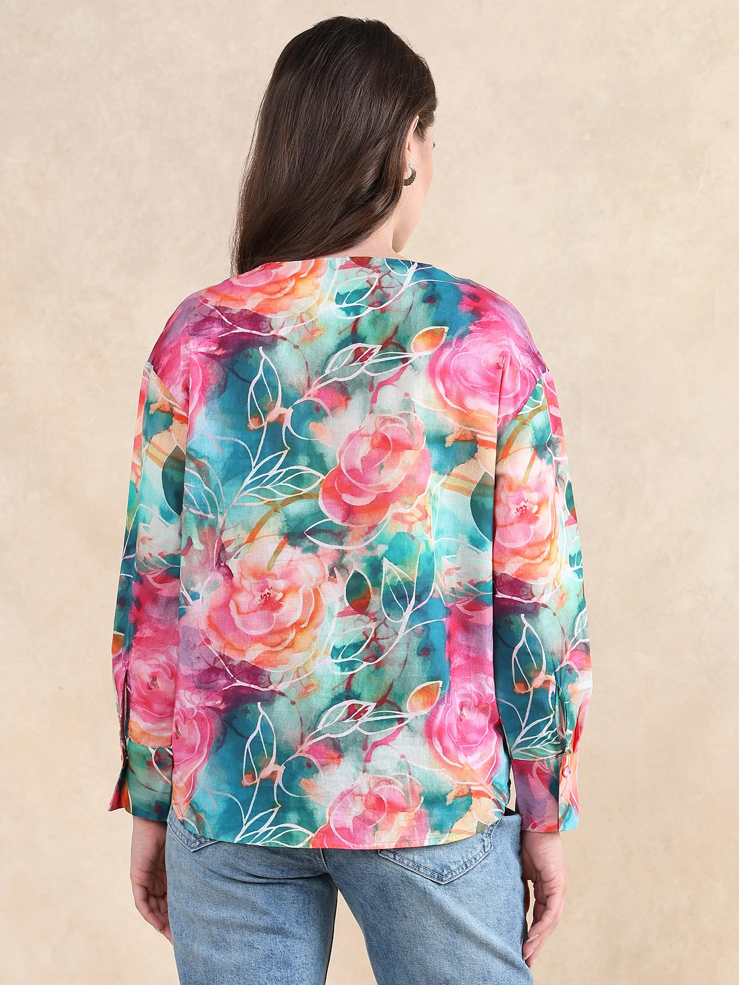 Rareism Women's Verona Multi Cotton Mandarin Collar Abstract Print Cuffed Sleeve Regular Fit Shirt - Image 6