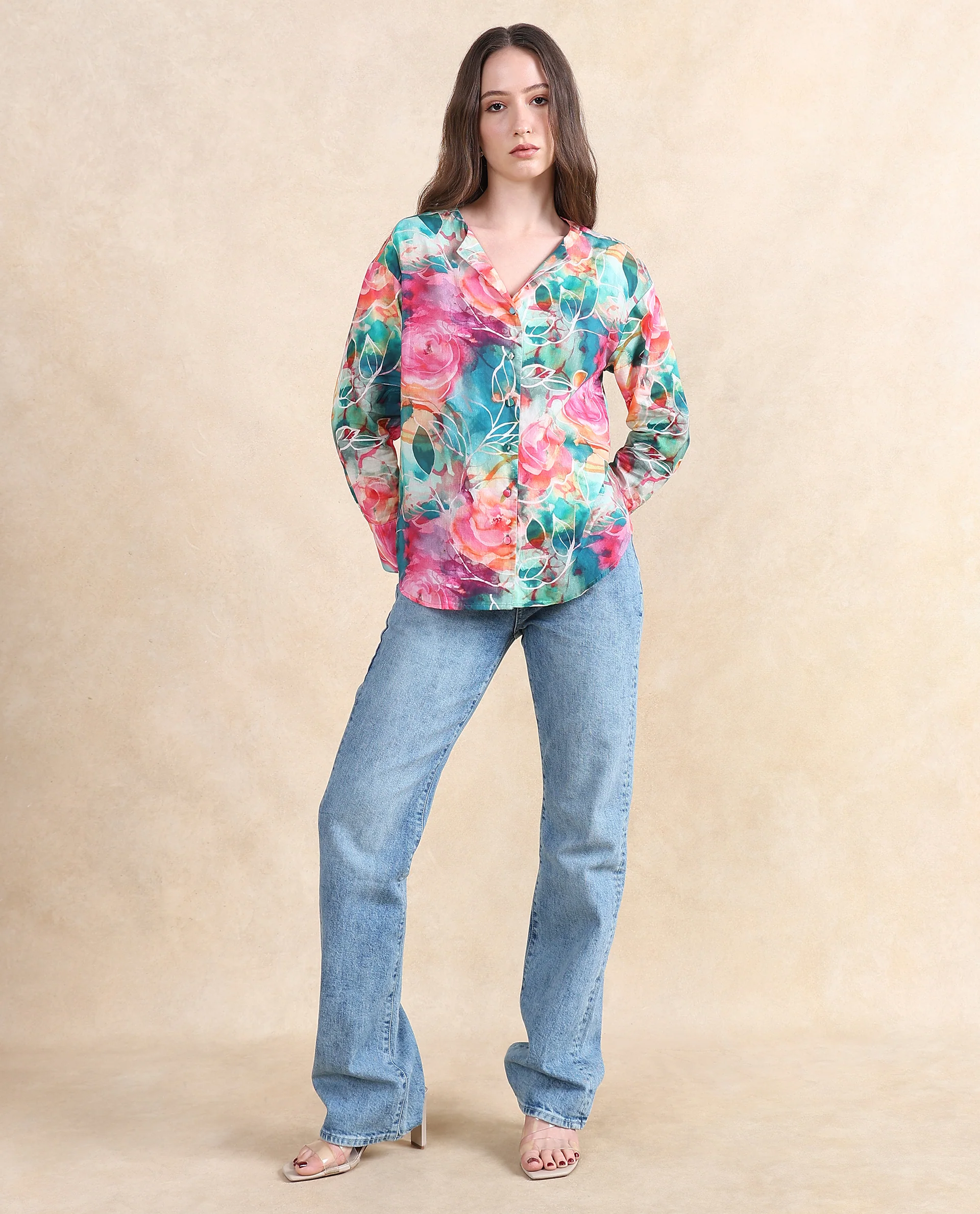 Rareism Women's Verona Multi Cotton Mandarin Collar Abstract Print Cuffed Sleeve Regular Fit Shirt - Image 7