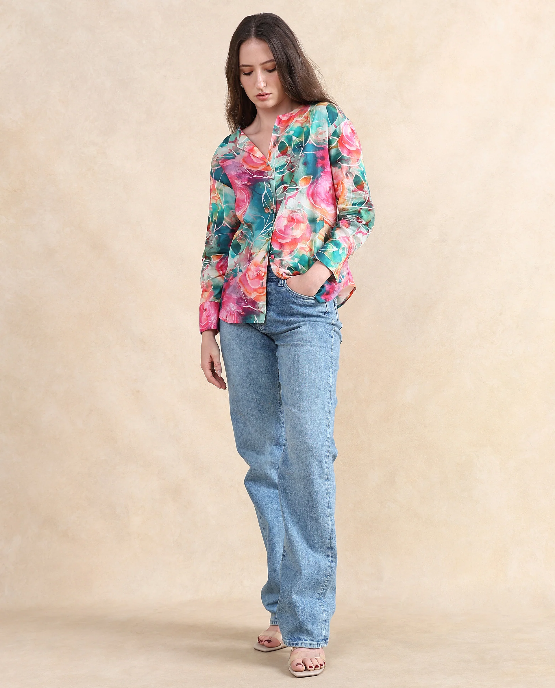 Rareism Women's Verona Multi Cotton Mandarin Collar Abstract Print Cuffed Sleeve Regular Fit Shirt - Image 8