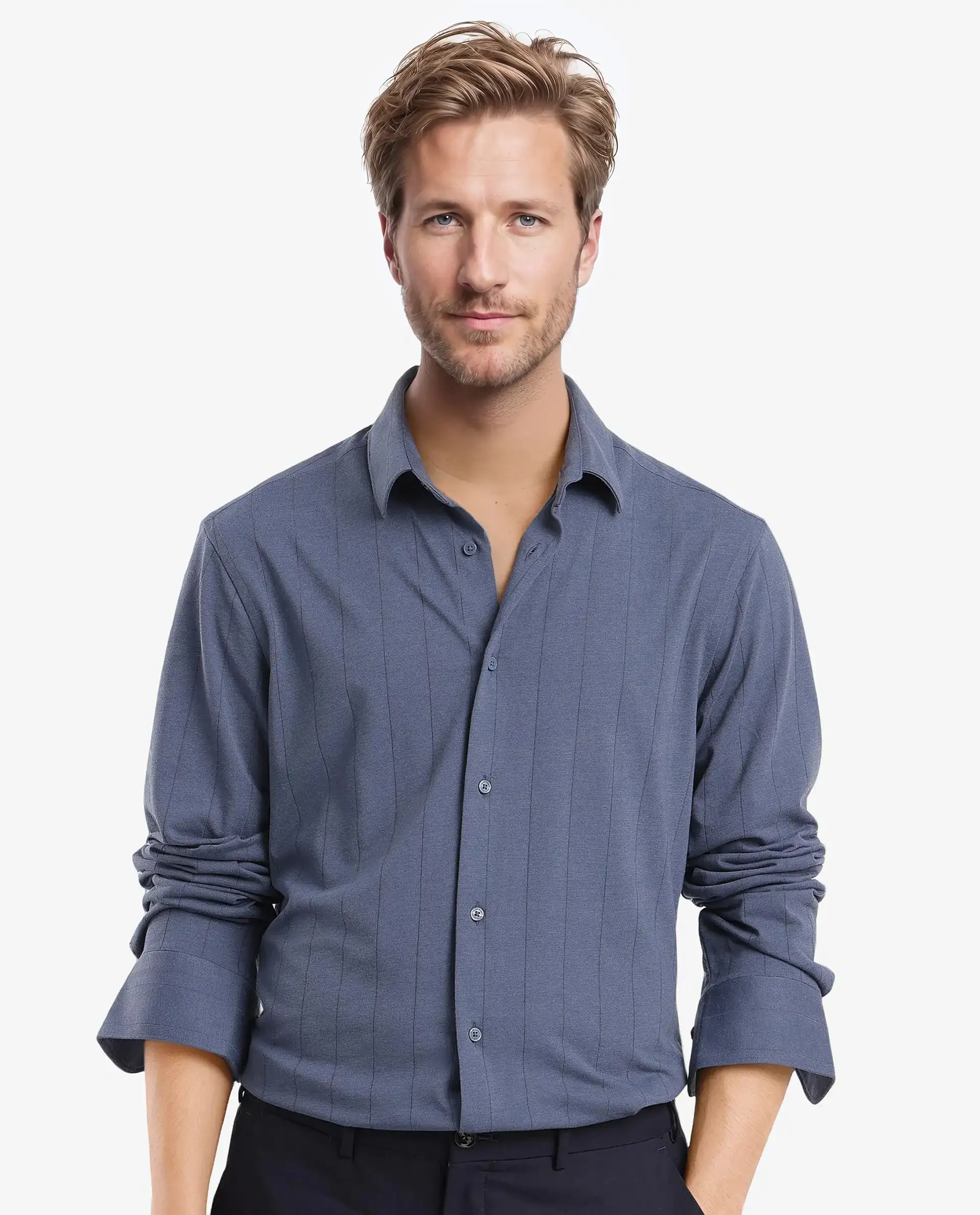 Rare Rabbit Men's Vert-3 Dusky Blue Cotton Plain Regular Fit Full Sleeve Collared Shirt