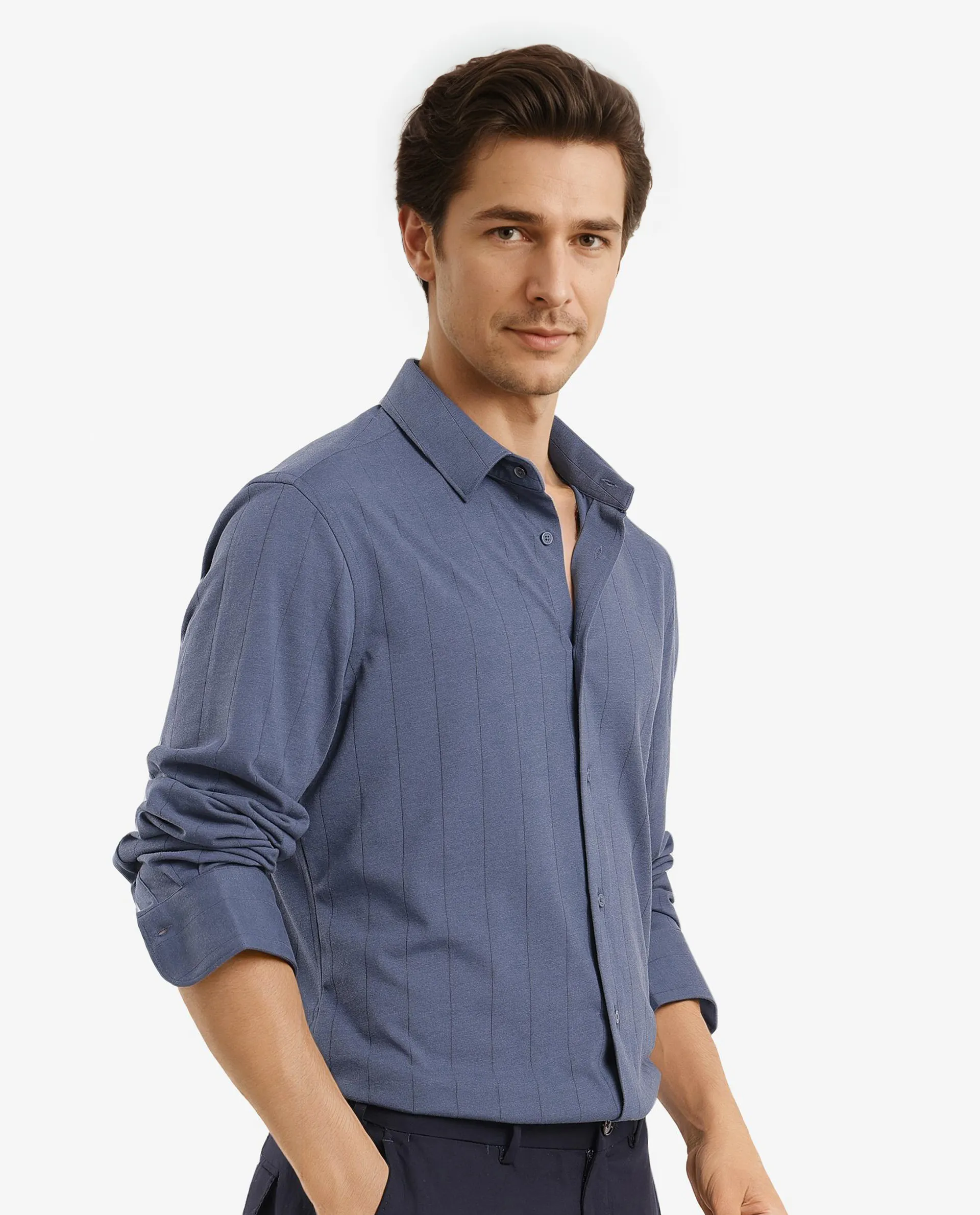Rare Rabbit Men's Vert-3 Dusky Blue Cotton Plain Regular Fit Full Sleeve Collared Shirt - Image 6