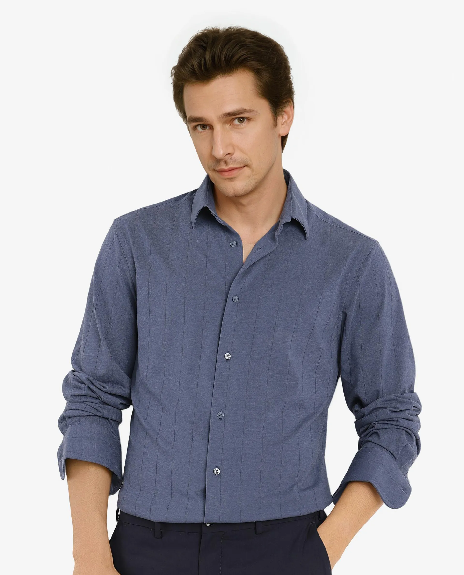 Rare Rabbit Men's Vert-3 Dusky Blue Cotton Plain Regular Fit Full Sleeve Collared Shirt - Image 7