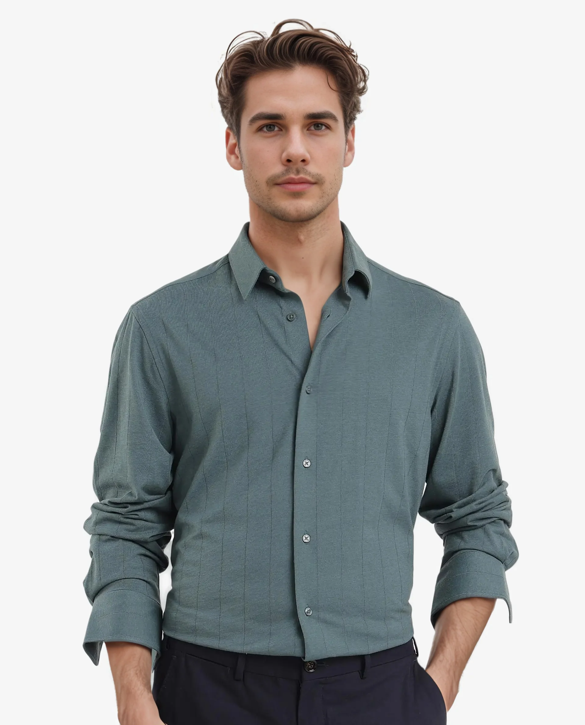 Rare Rabbit Men's Vert-3 Dusky Green Cotton Plain Regular Fit Full Sleeve Collared Shirt