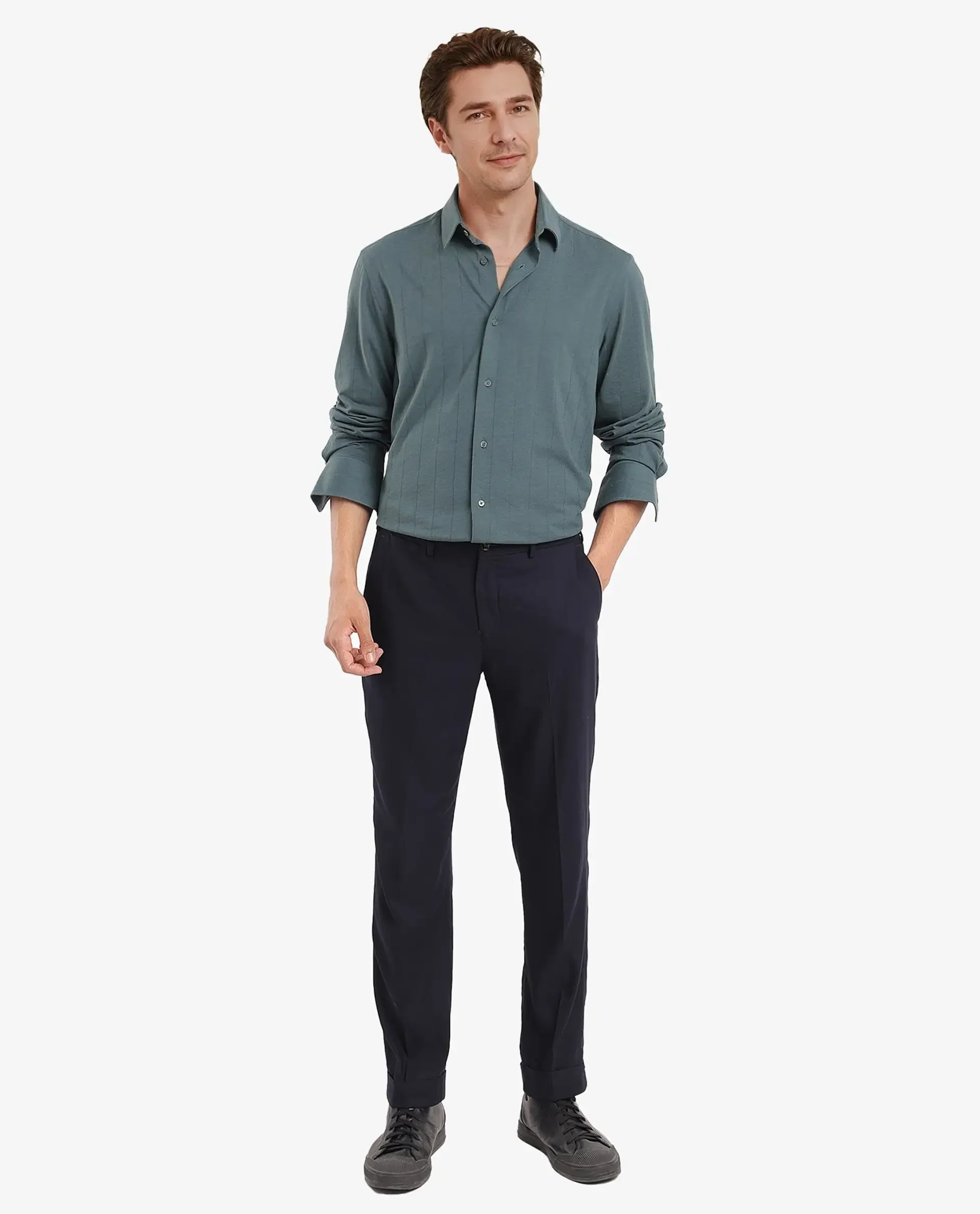 Rare Rabbit Men's Vert-3 Dusky Green Cotton Plain Regular Fit Full Sleeve Collared Shirt - Image 2