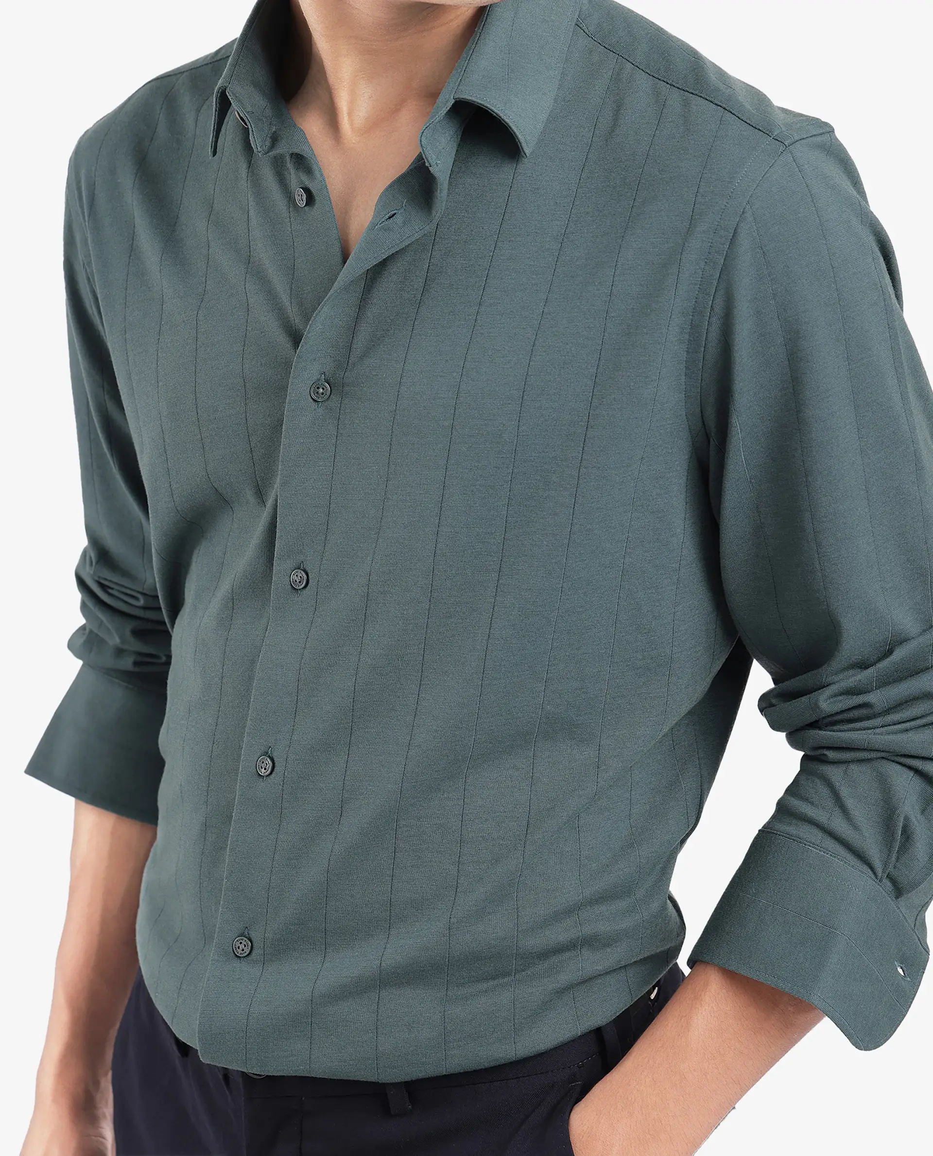 Rare Rabbit Men's Vert-3 Dusky Green Cotton Plain Regular Fit Full Sleeve Collared Shirt - Image 3