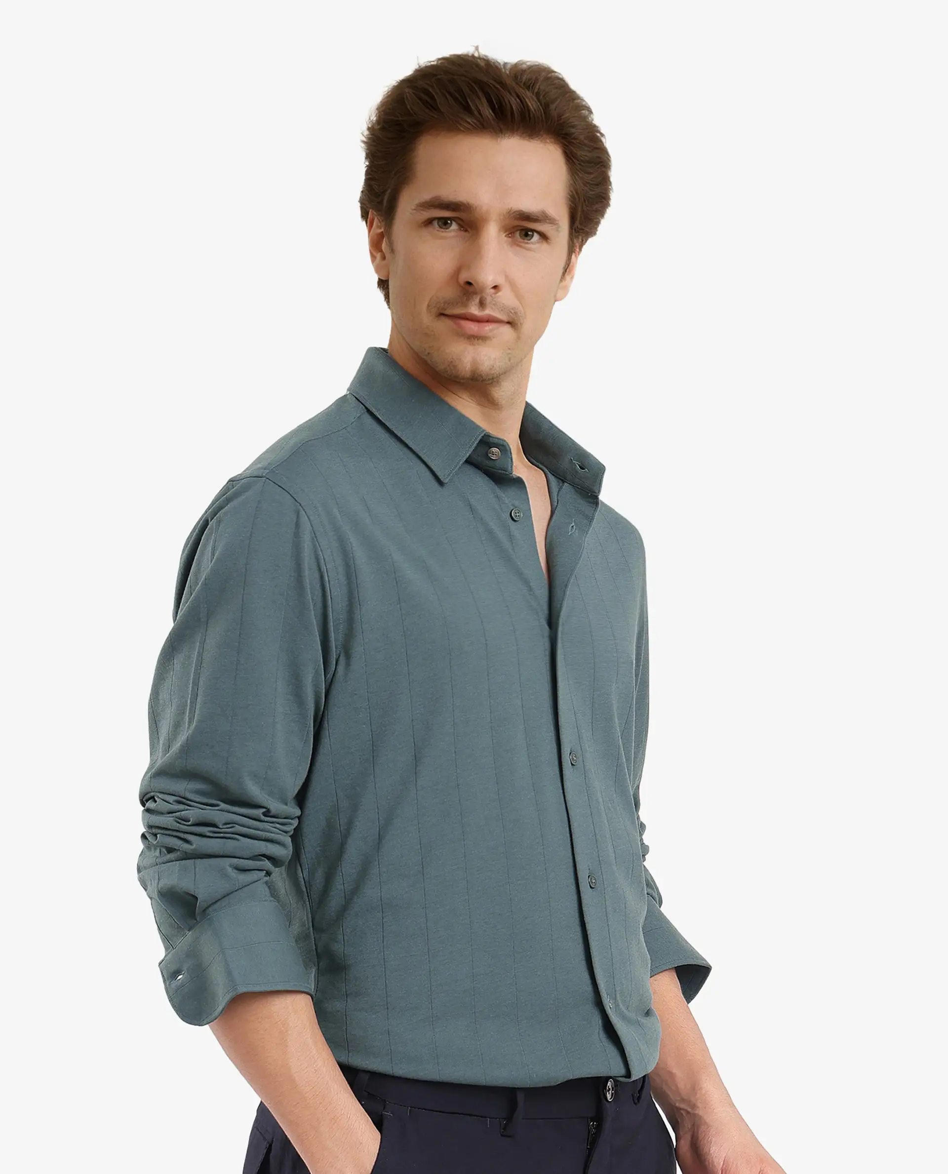 Rare Rabbit Men's Vert-3 Dusky Green Cotton Plain Regular Fit Full Sleeve Collared Shirt - Image 6