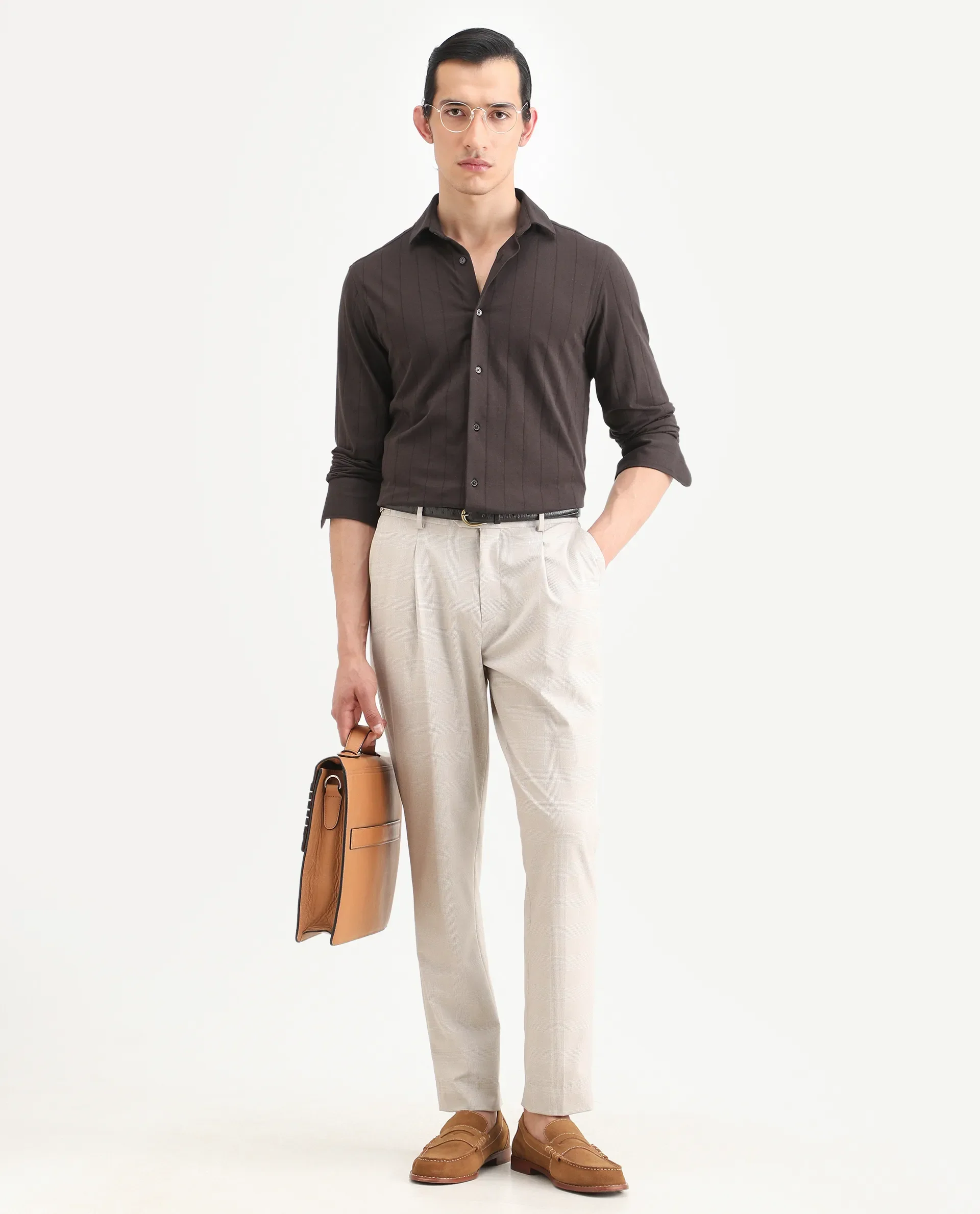 Rare Rabbit Men's Vert-Ls-25 Brown Cotton Blend Plain Regular Fit Full Sleeve Collared Shirt - Image 2
