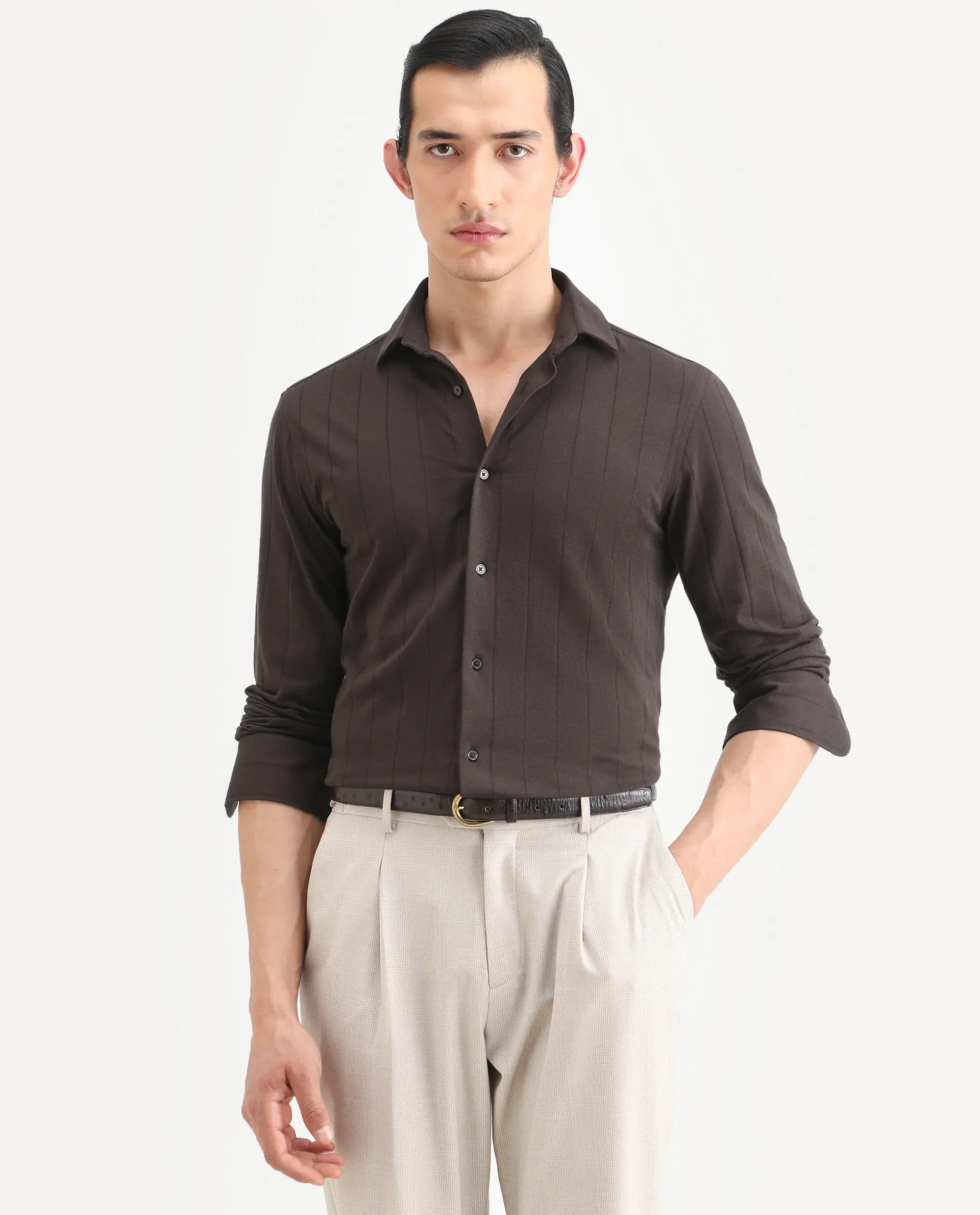 Rare Rabbit Men's Vert-Ls-25 Brown Cotton Blend Plain Regular Fit Full Sleeve Collared Shirt - Image 3