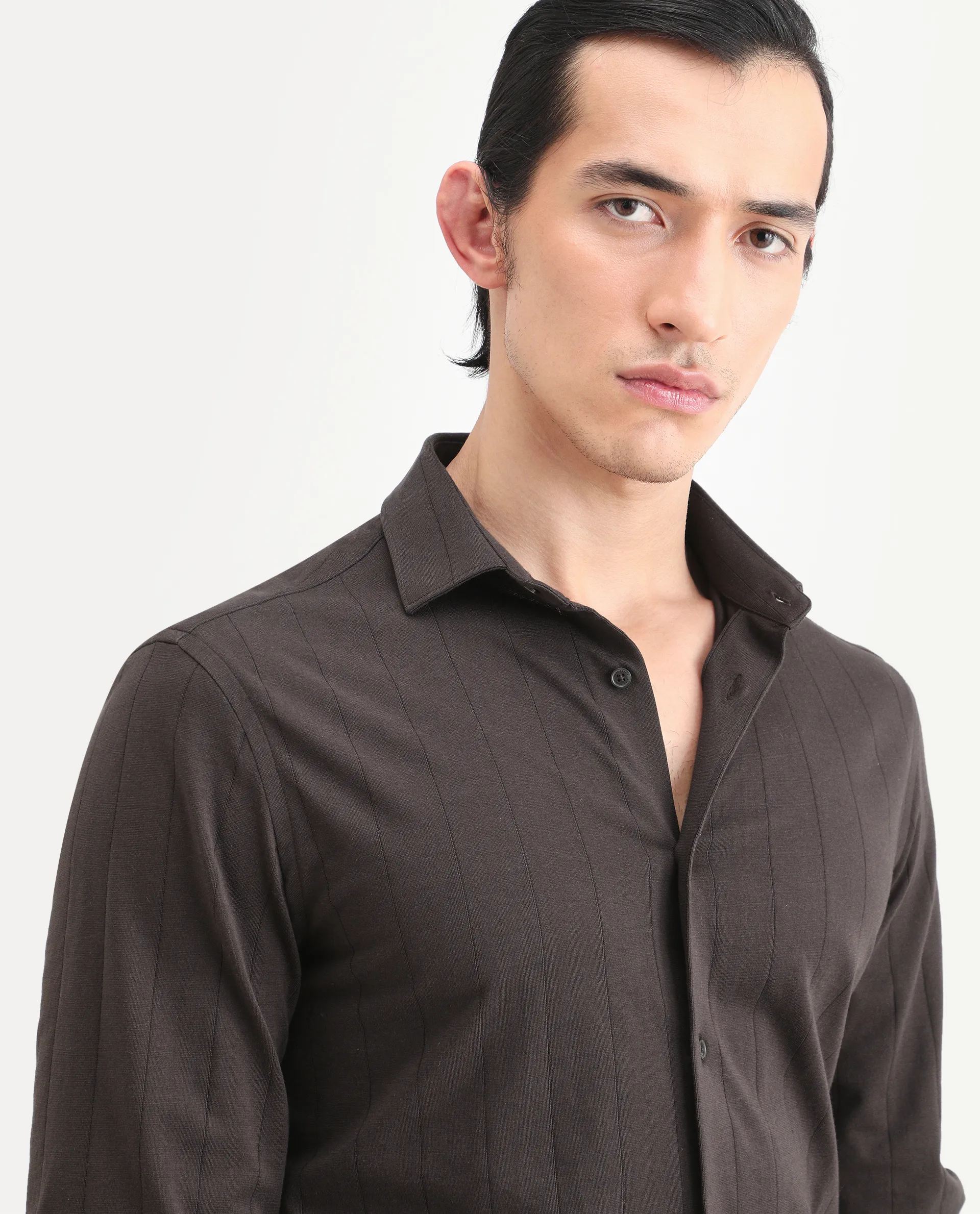Rare Rabbit Men's Vert-Ls-25 Brown Cotton Blend Plain Regular Fit Full Sleeve Collared Shirt - Image 4