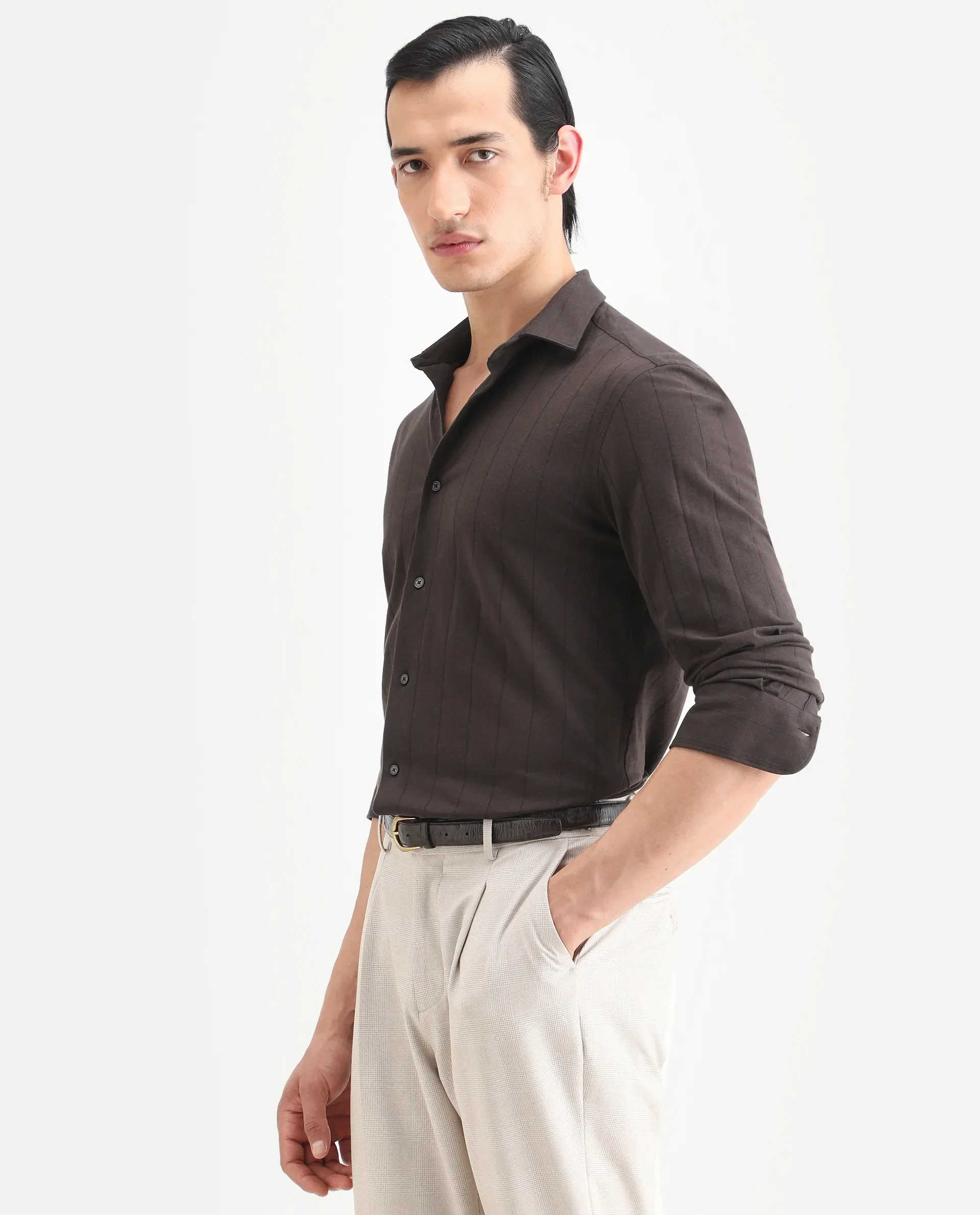 Rare Rabbit Men's Vert-Ls-25 Brown Cotton Blend Plain Regular Fit Full Sleeve Collared Shirt - Image 5