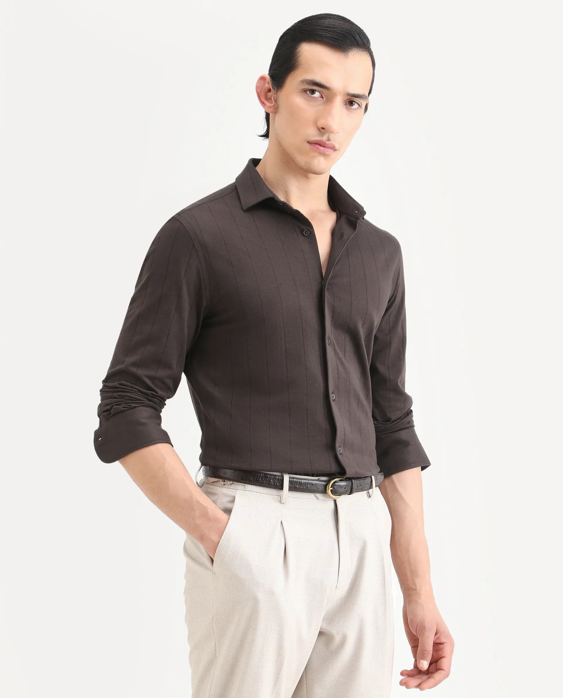Rare Rabbit Men's Vert-Ls-25 Brown Cotton Blend Plain Regular Fit Full Sleeve Collared Shirt - Image 6