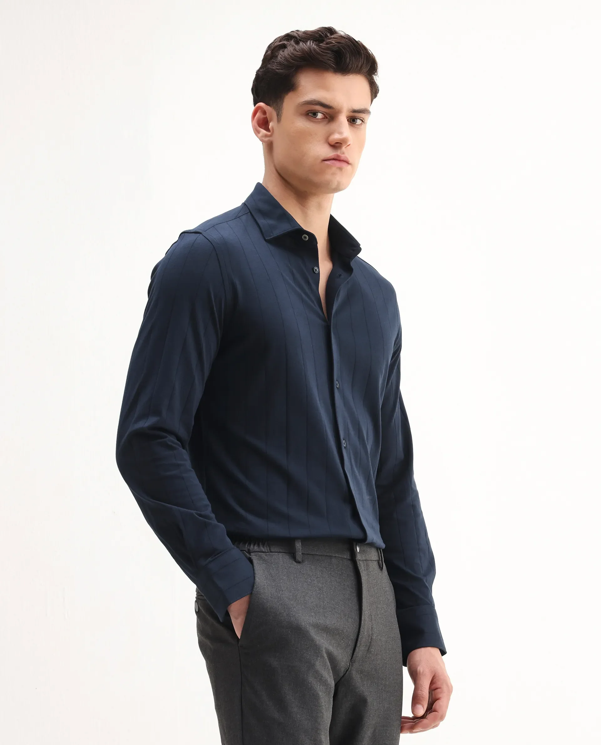 Rare Rabbit Men's Vert-Ls-25 Navy Cotton Blend Striped Print Regular Fit Full Sleeve Collared Shirt - Image 4