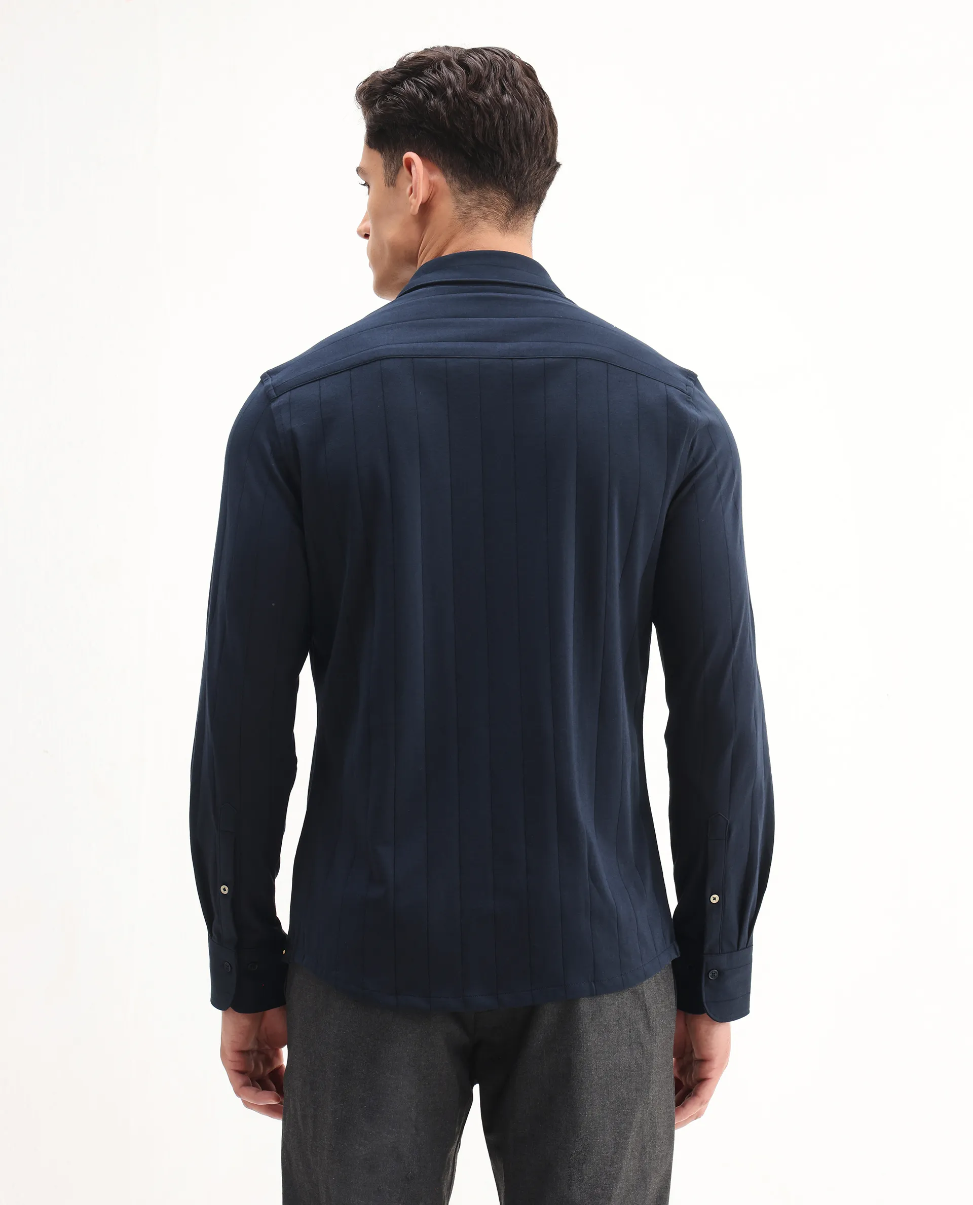 Rare Rabbit Men's Vert-Ls-25 Navy Cotton Blend Striped Print Regular Fit Full Sleeve Collared Shirt - Image 5