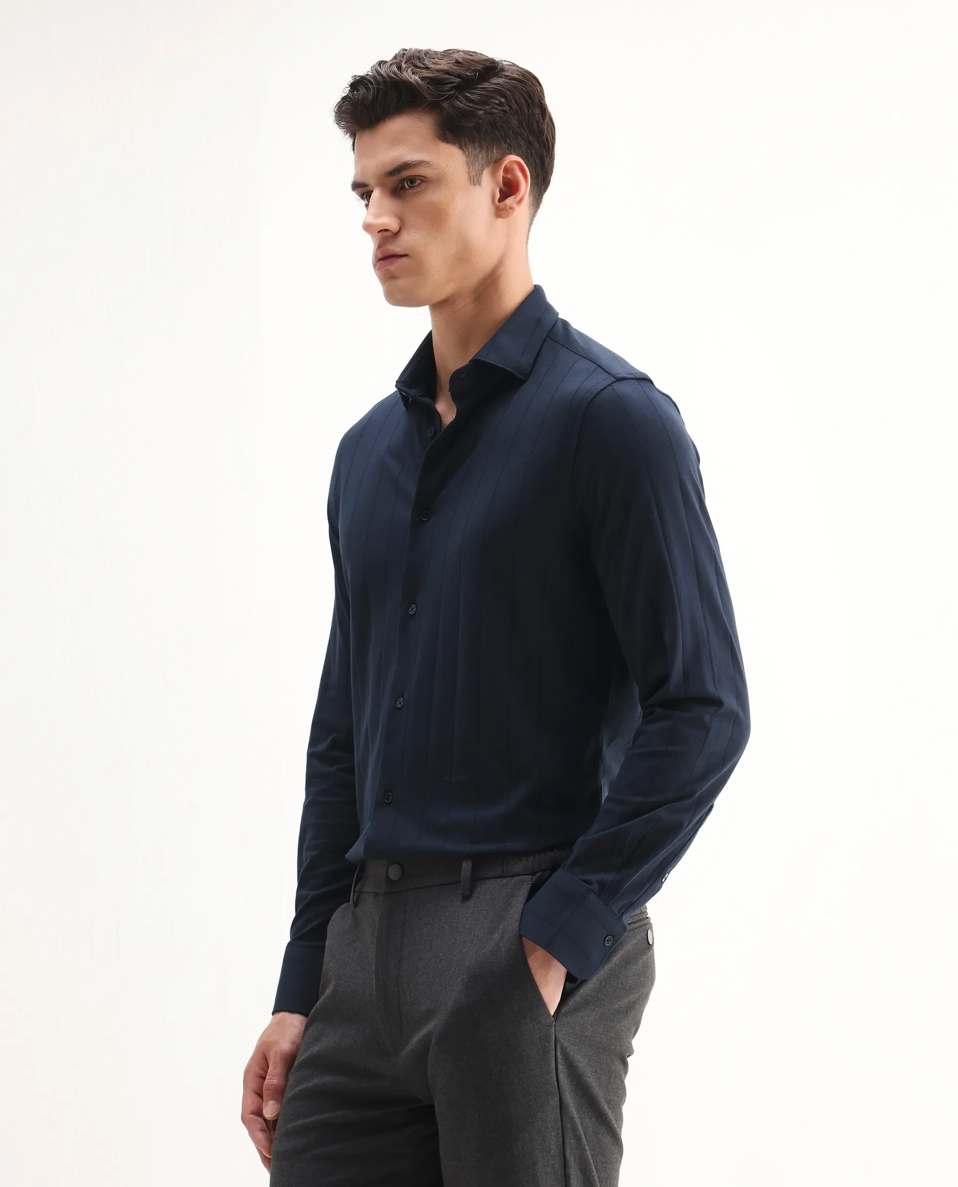 Rare Rabbit Men's Vert-Ls-25 Navy Cotton Blend Striped Print Regular Fit Full Sleeve Collared Shirt - Image 6