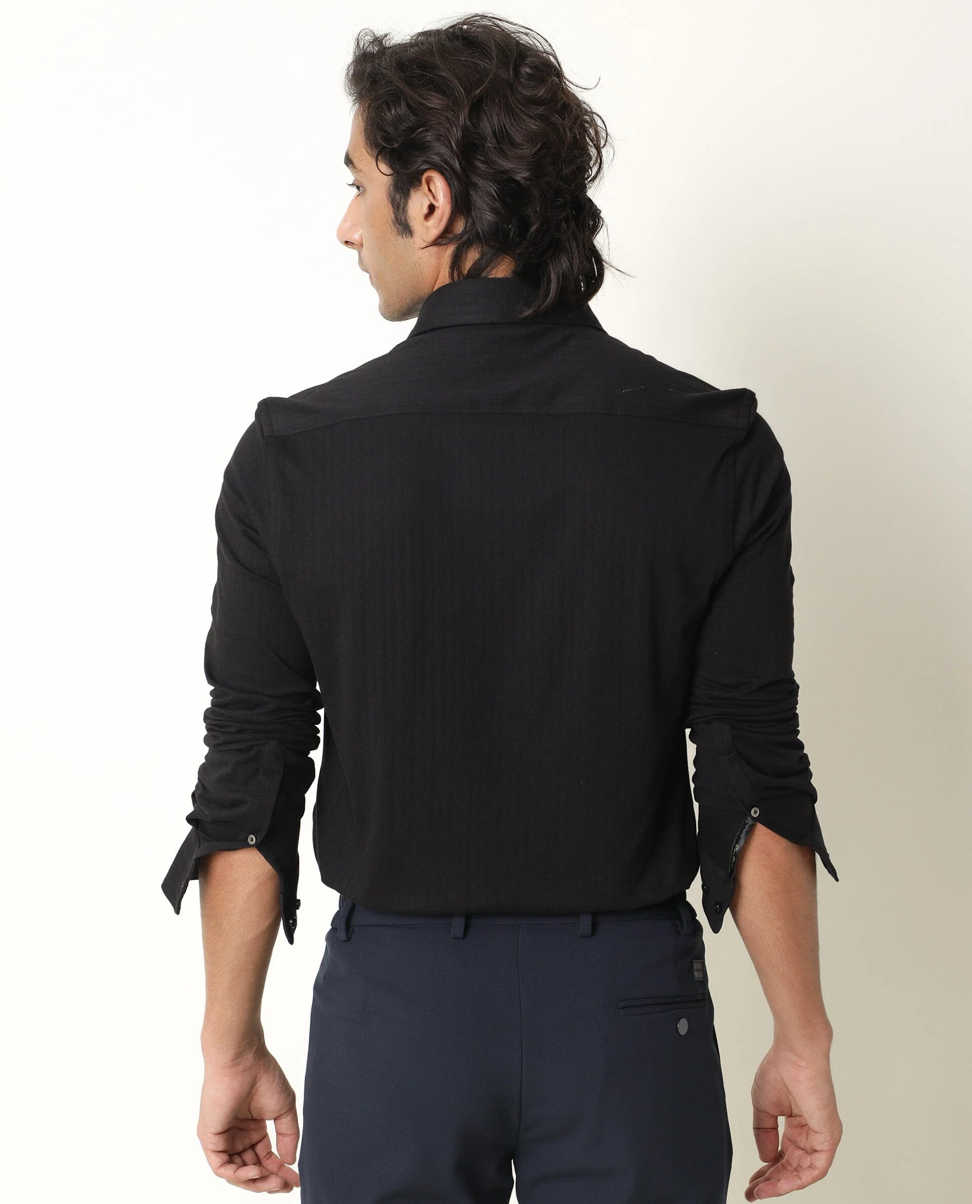 Rare Rabbit Men's Vertical Black Cotton Plain Regular Fit Full Sleeve Collared Shirt - Image 2