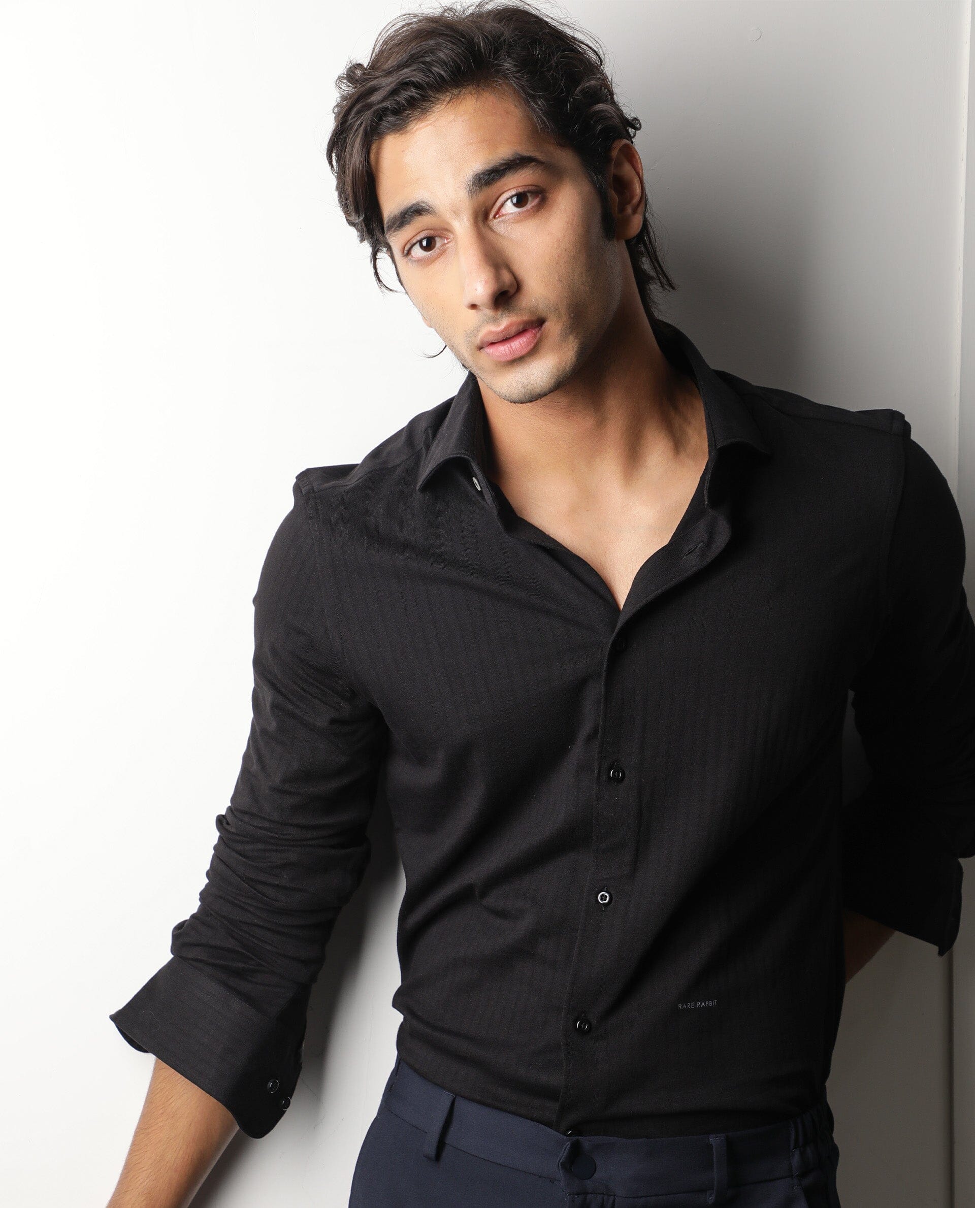 Rare Rabbit Men's Vertical Black Cotton Plain Regular Fit Full Sleeve Collared Shirt - Image 4