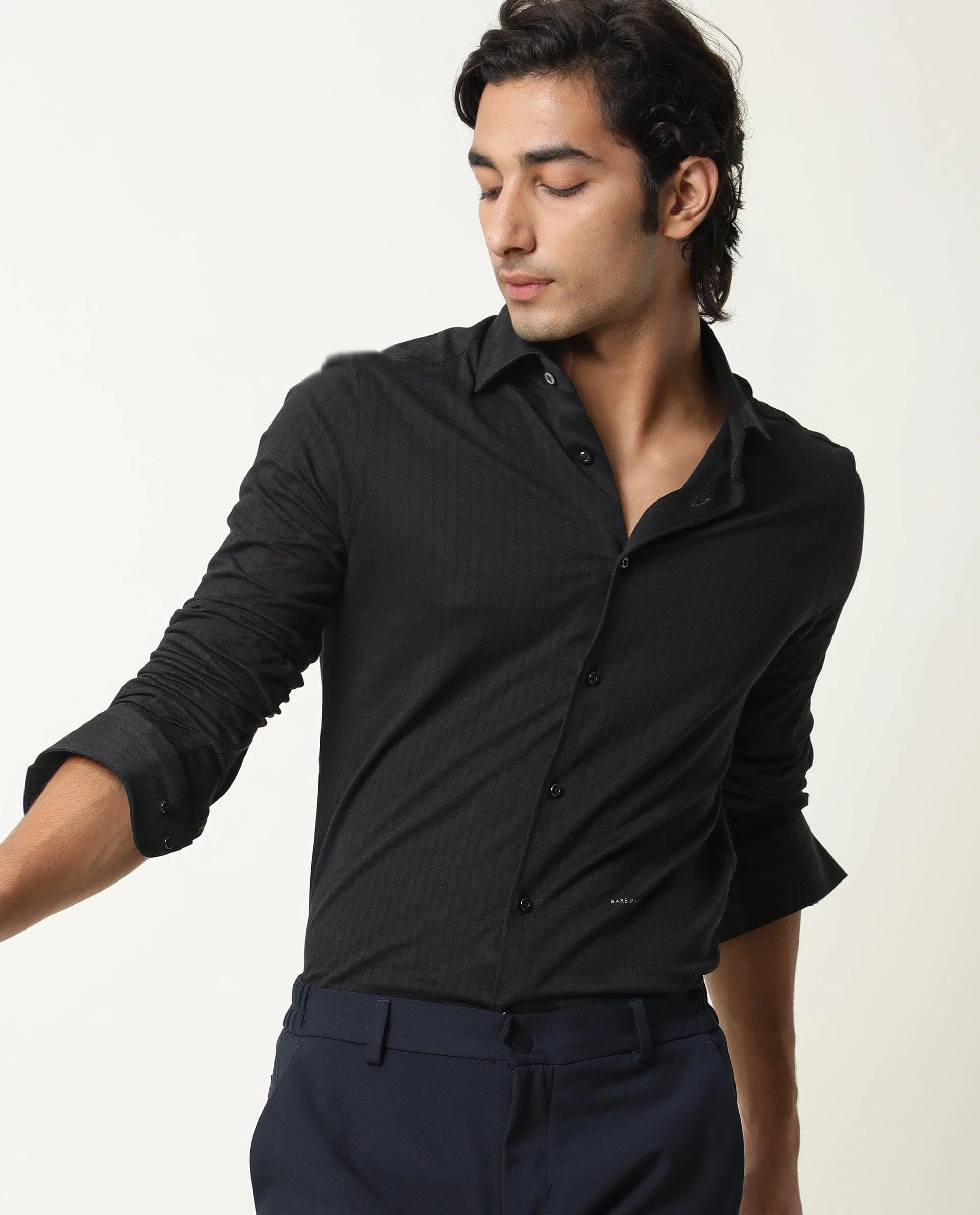 Rare Rabbit Men's Vertical Black Cotton Plain Regular Fit Full Sleeve Collared Shirt - Image 6