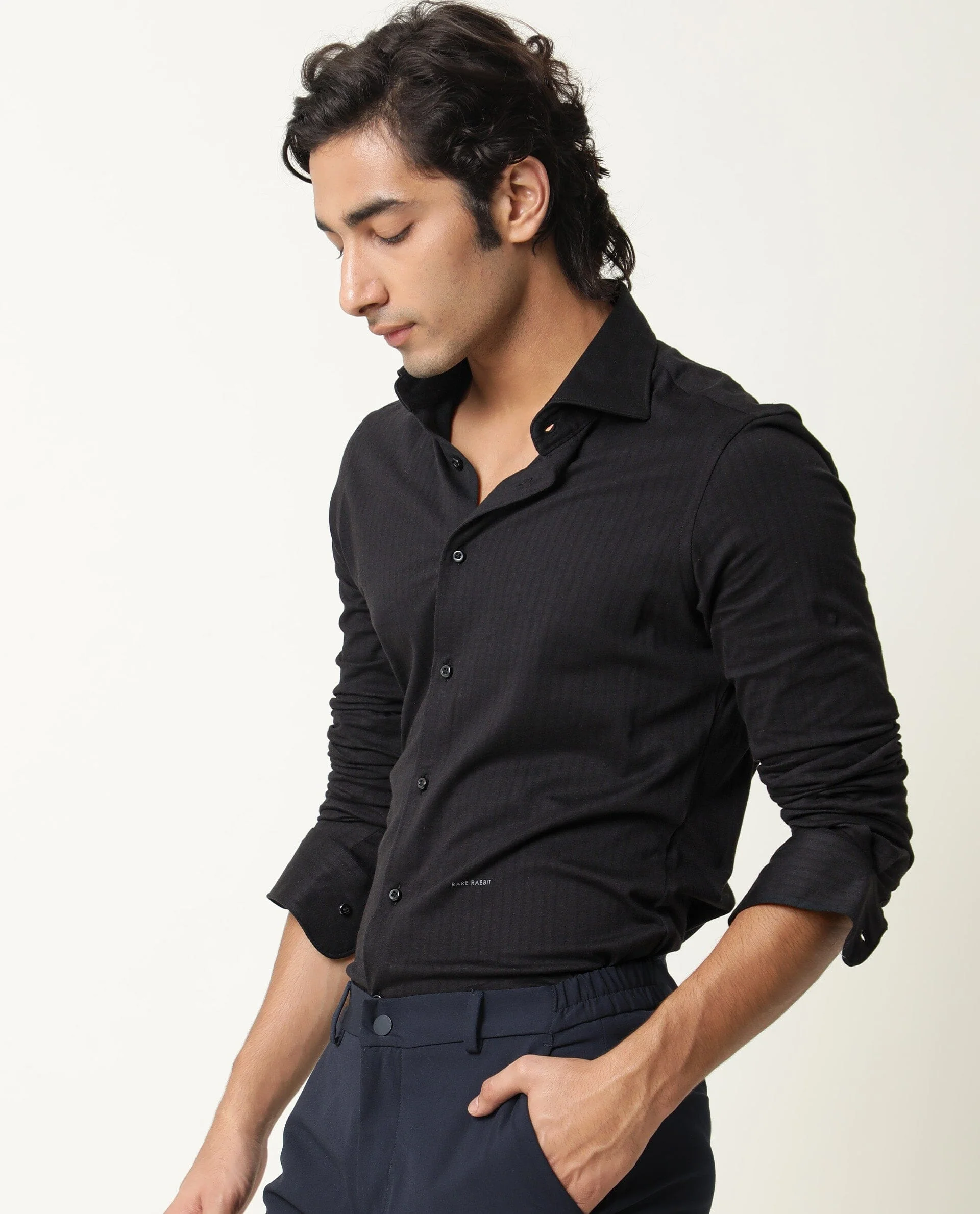 Rare Rabbit Men's Vertical Black Cotton Plain Regular Fit Full Sleeve Collared Shirt - Image 7