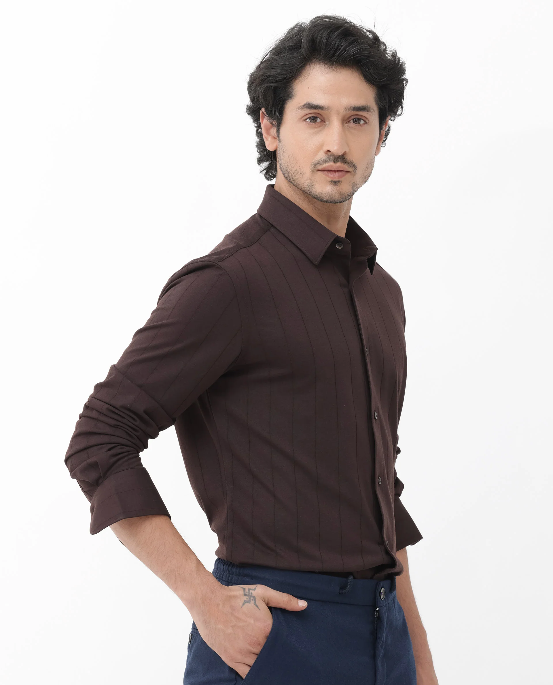 Rare Rabbit Men's Vert Ls Dark Brown Cotton Plain Regular Fit Full Sleeve Collared Shirt - Image 7