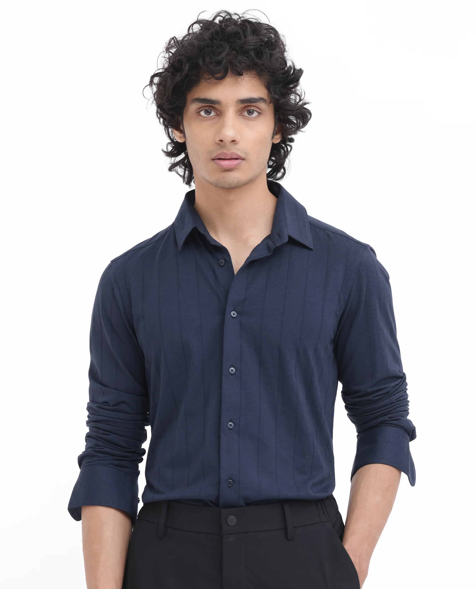 Rare Rabbit Men's Vert Ls Navy Cotton Plain Regular Fit Full Sleeve Collared Shirt - Image 3