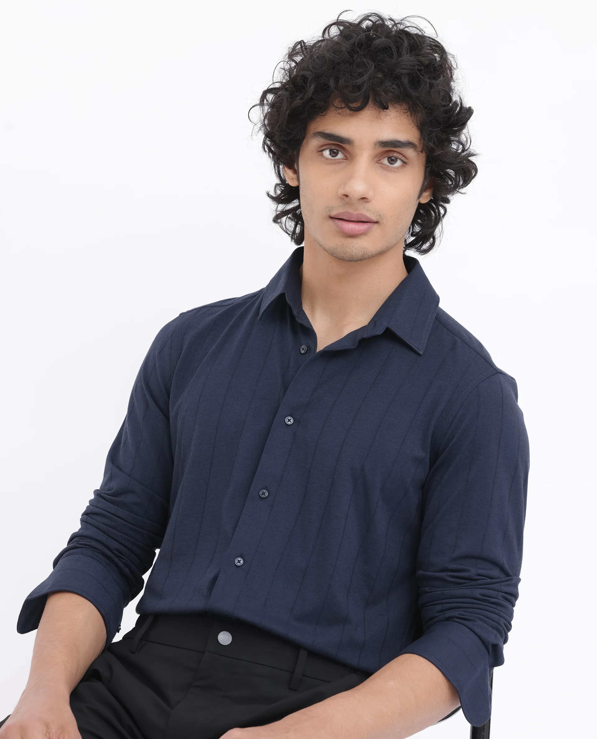 Rare Rabbit Men's Vert Ls Navy Cotton Plain Regular Fit Full Sleeve Collared Shirt - Image 7
