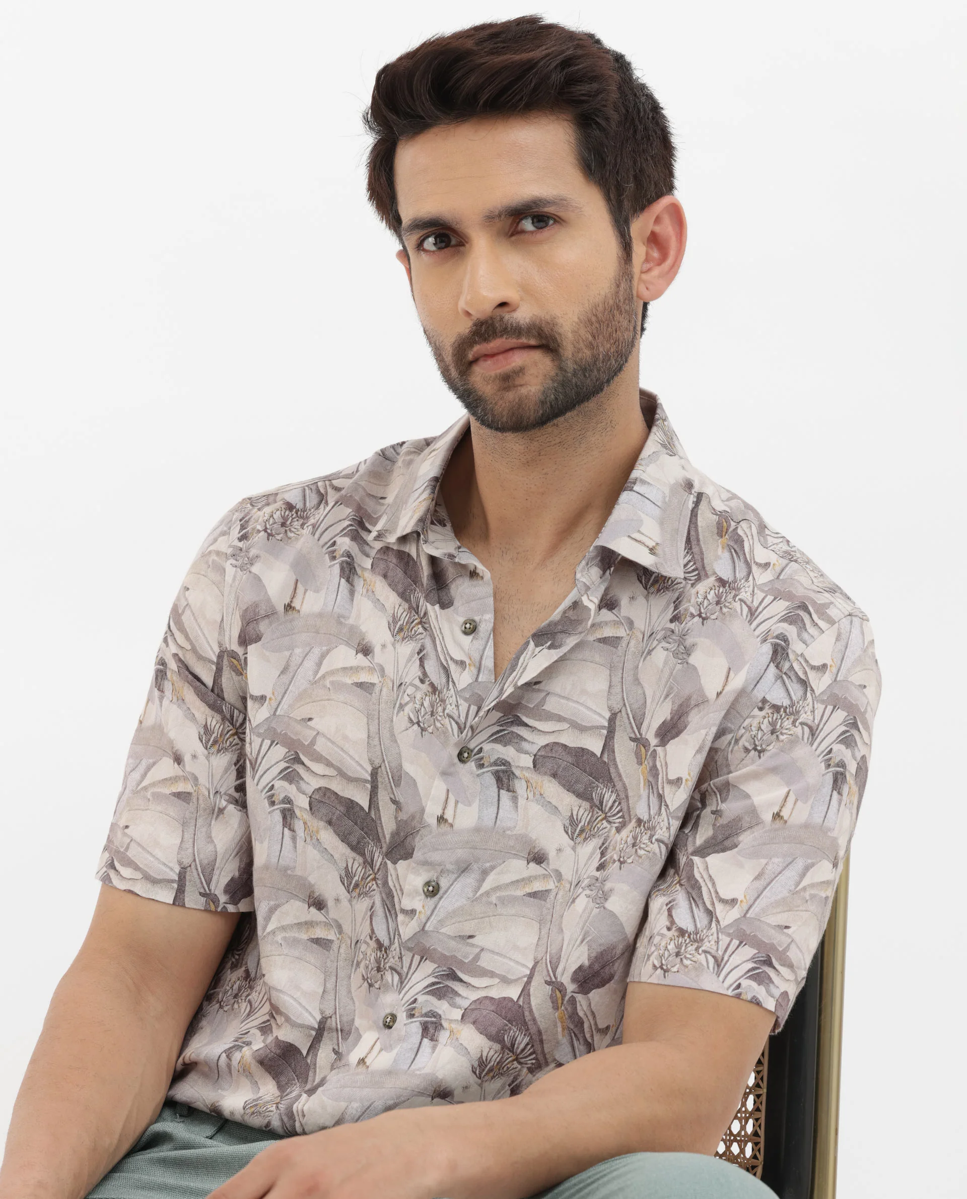 Rare Rabbit Men's Verton Beige Viscose Tropical Print Boxy Fit Half Sleeve Collared Shirt - Image 3