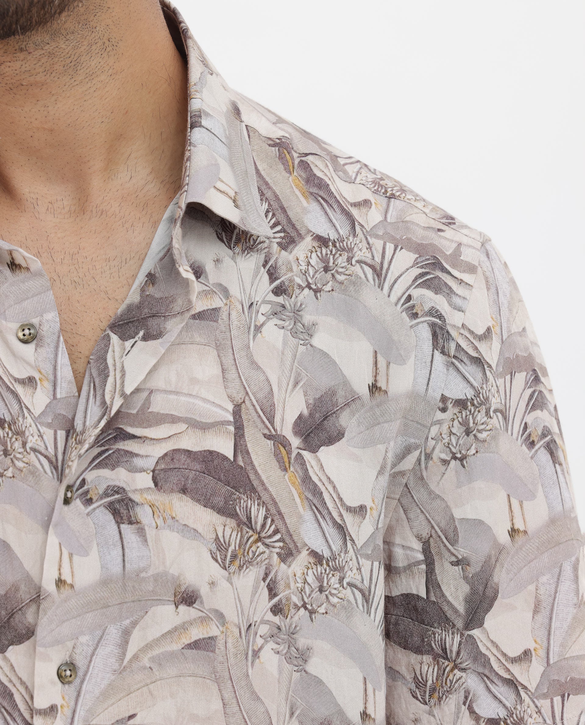 Rare Rabbit Men's Verton Beige Viscose Tropical Print Boxy Fit Half Sleeve Collared Shirt - Image 4
