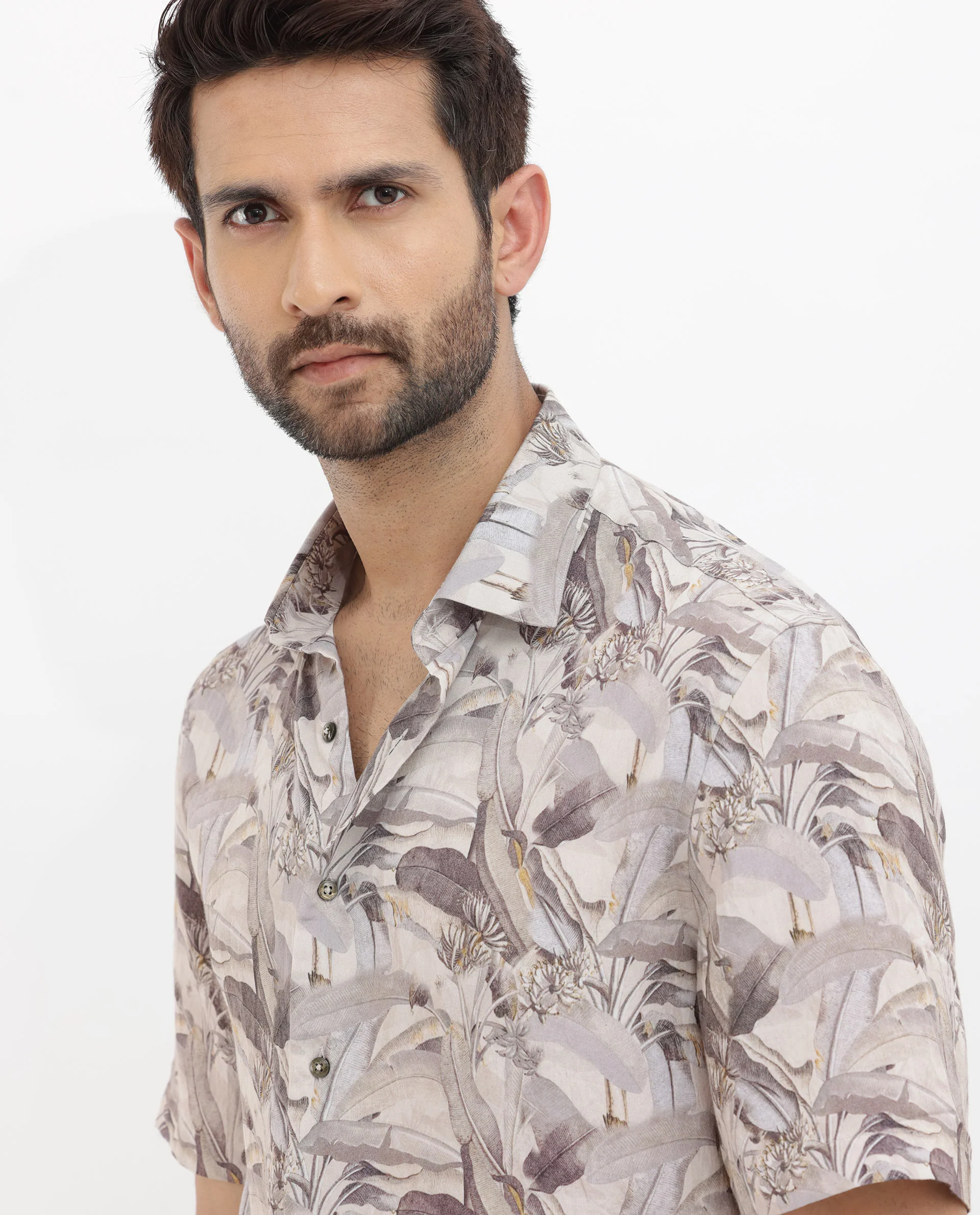 Rare Rabbit Men's Verton Beige Viscose Tropical Print Boxy Fit Half Sleeve Collared Shirt - Image 5