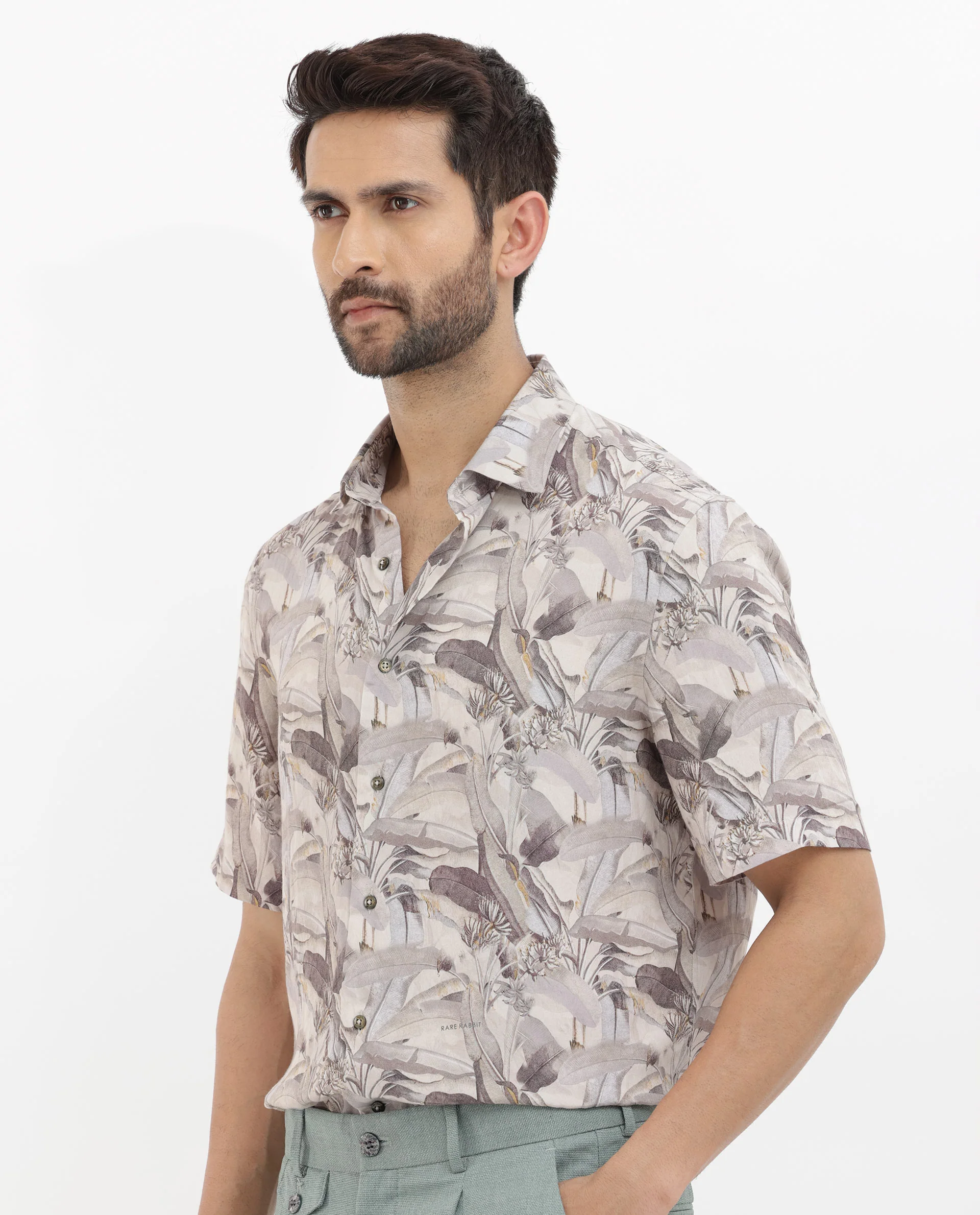 Rare Rabbit Men's Verton Beige Viscose Tropical Print Boxy Fit Half Sleeve Collared Shirt - Image 6