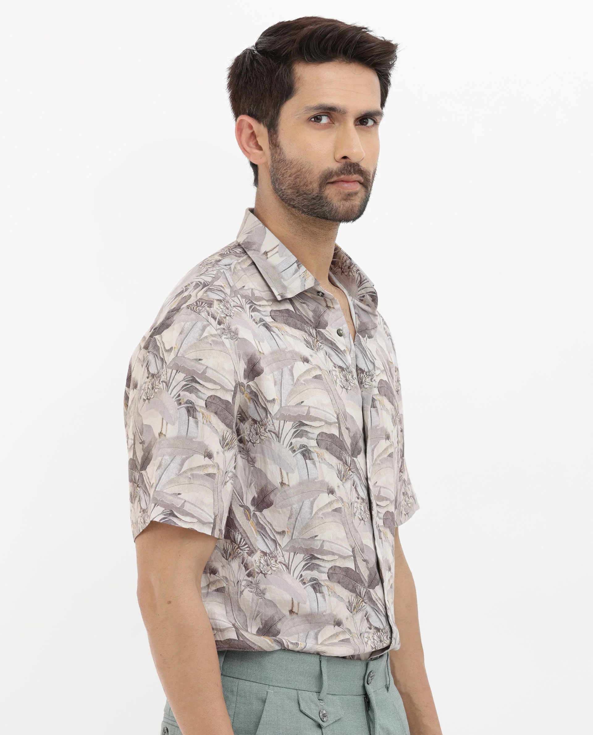 Rare Rabbit Men's Verton Beige Viscose Tropical Print Boxy Fit Half Sleeve Collared Shirt - Image 7